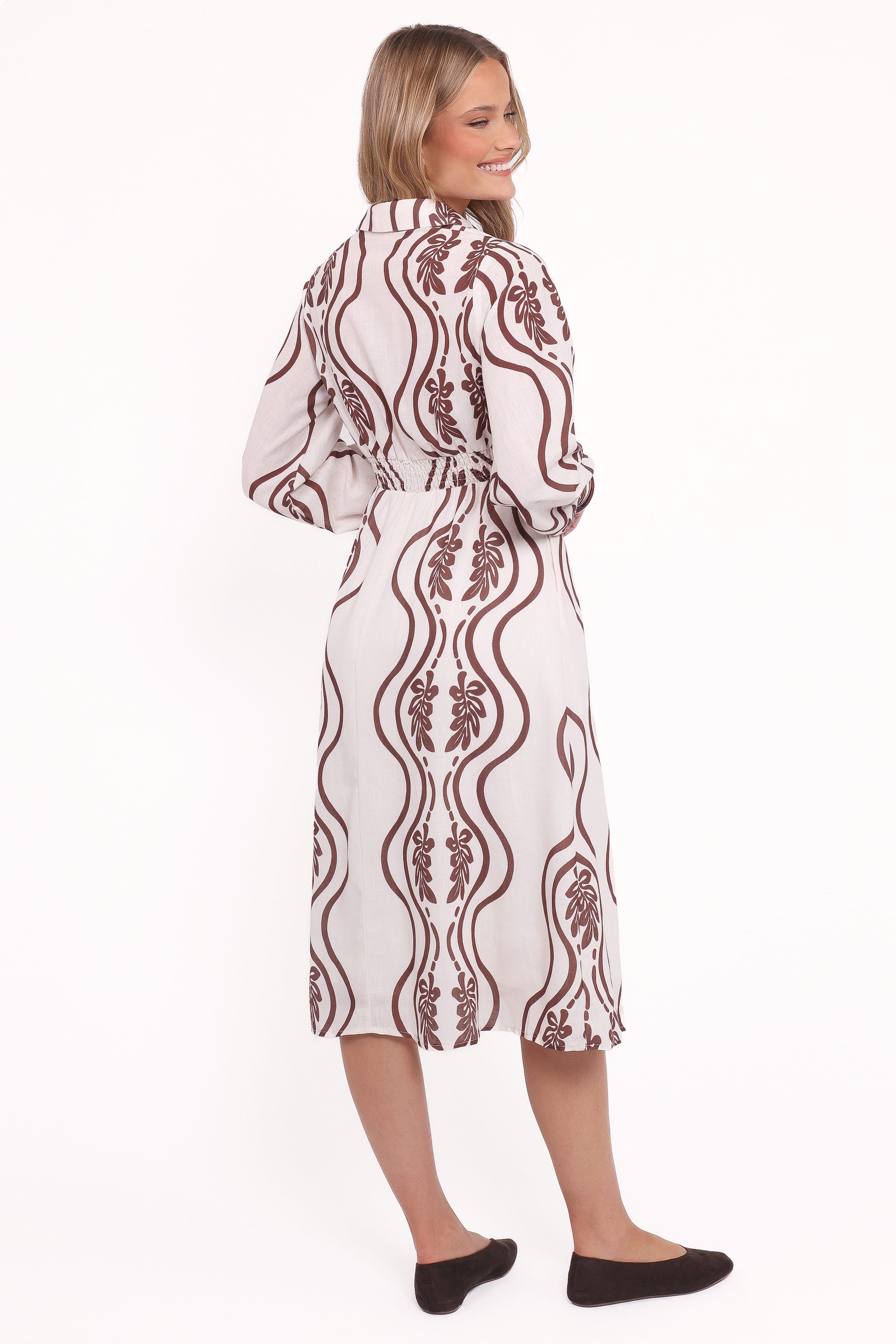 Petal and Pup USA DRESSES Lira Long Sleeve Midi Dress - Brown Print