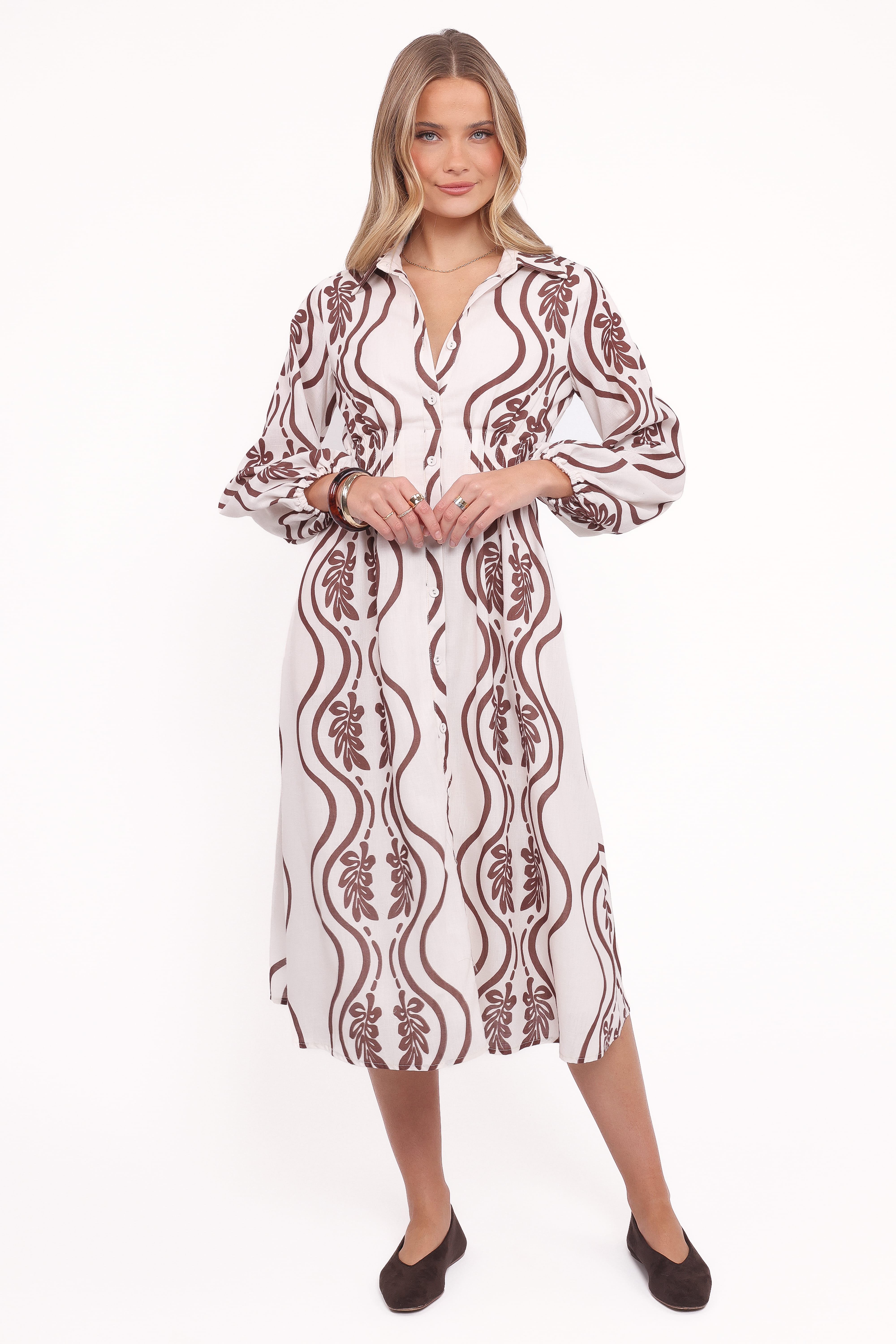 Petal and Pup USA DRESSES Lira Long Sleeve Midi Dress - Brown Print