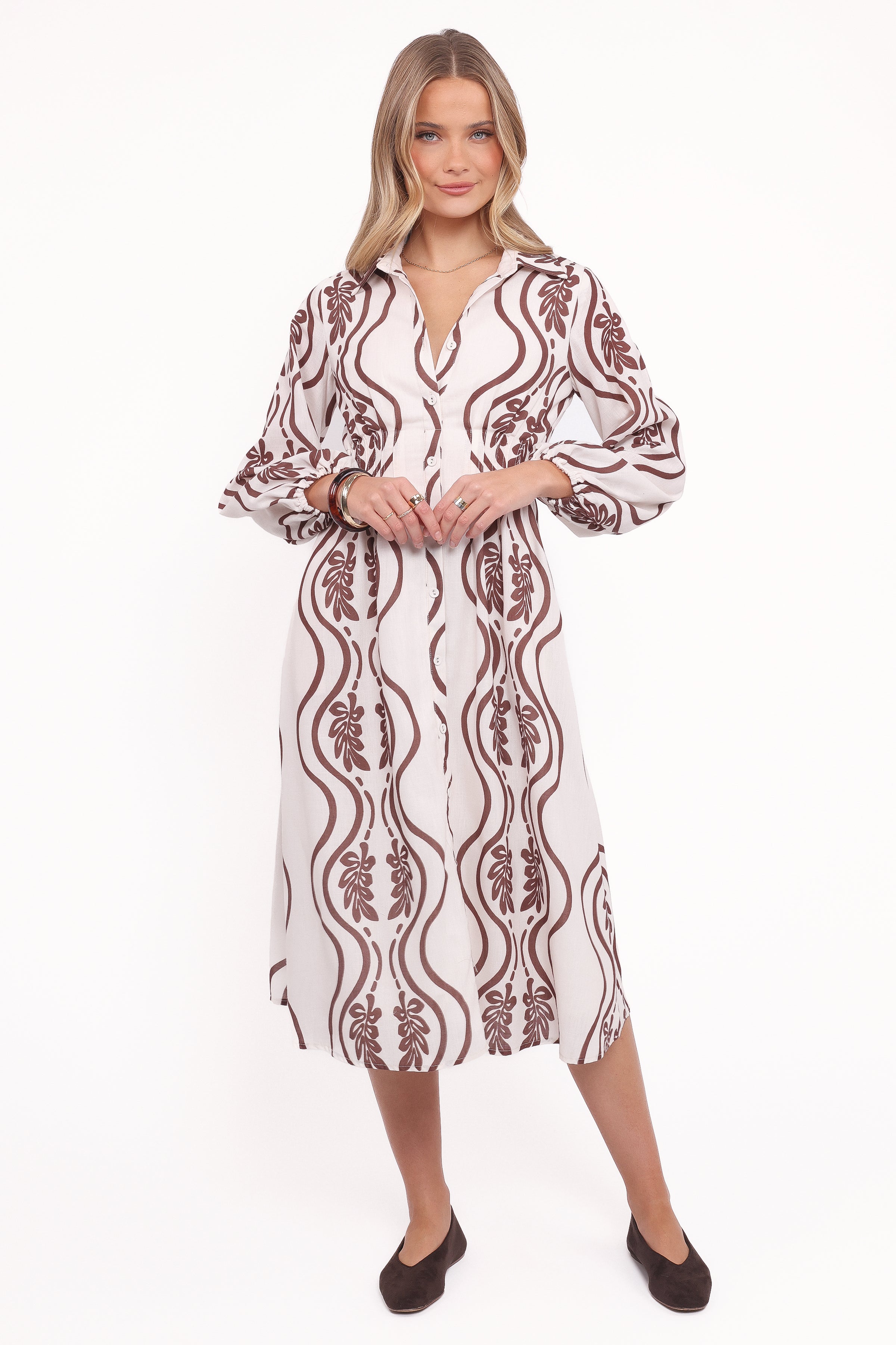 Petal and Pup USA DRESSES Lira Long Sleeve Midi Dress - Brown Print