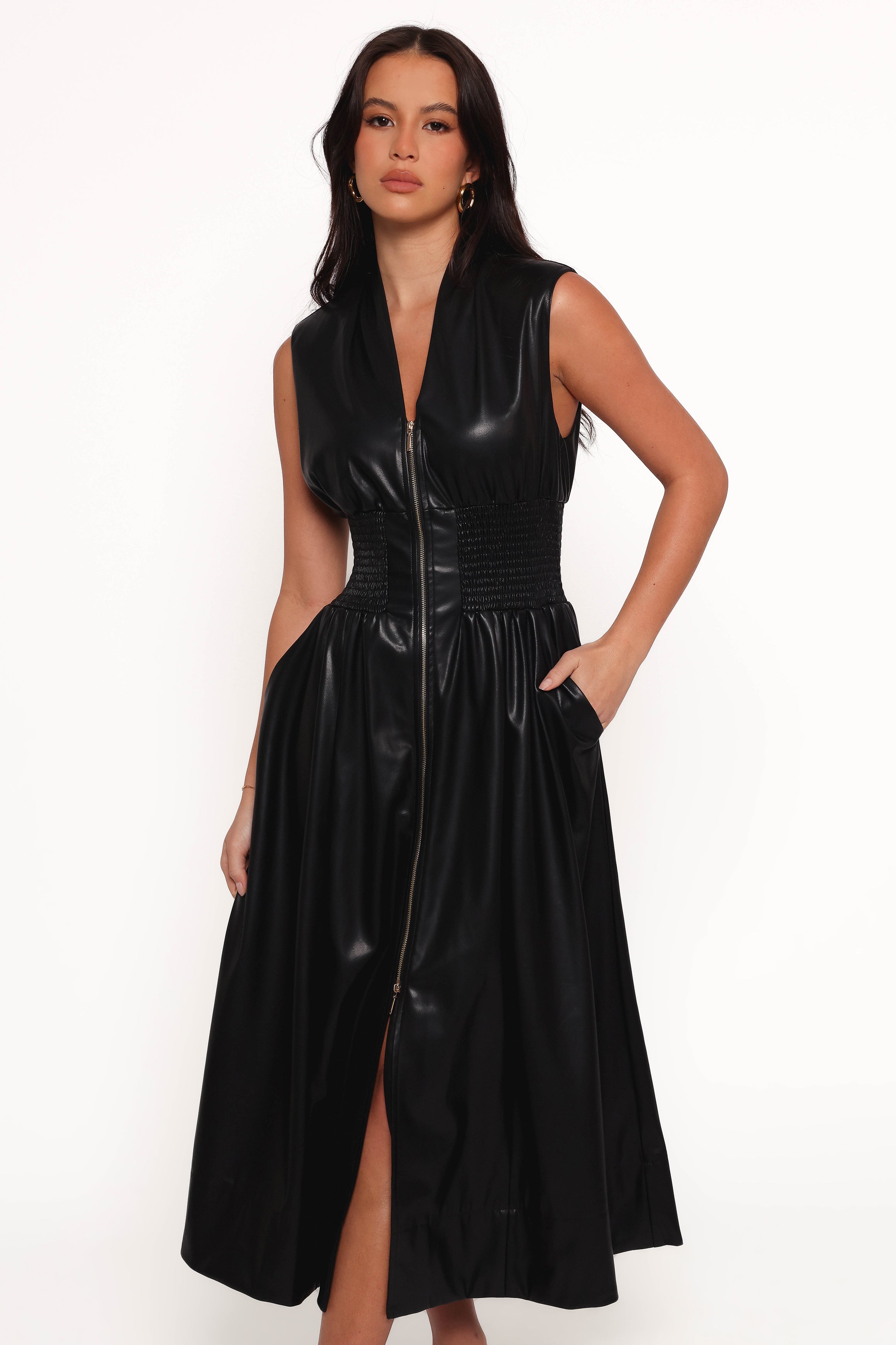 Petal and Pup USA DRESSES Lizzi Faux Leather Midi Dress - Black