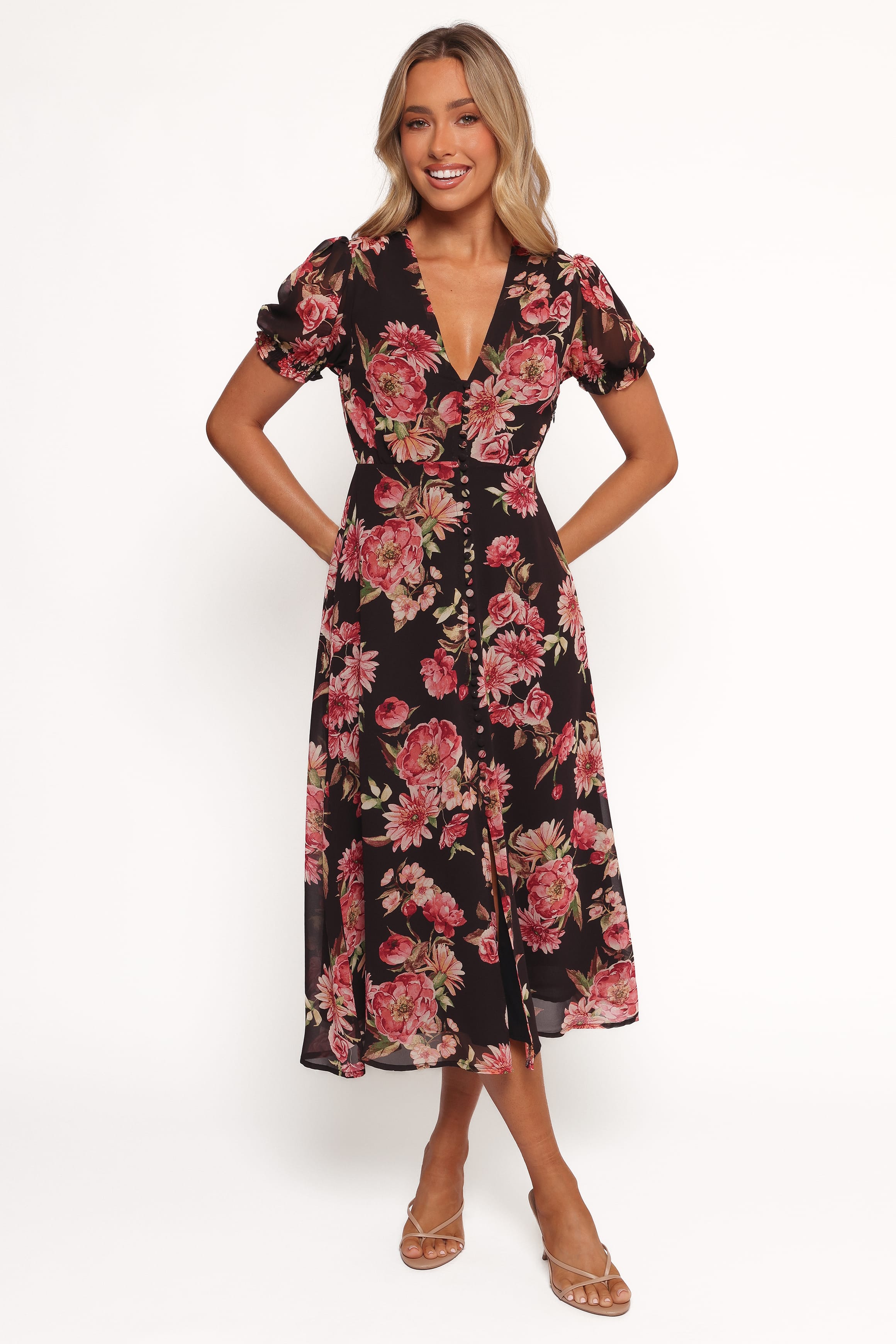 Petal and Pup USA DRESSES Logen Floral Midi Dress - Black Floral