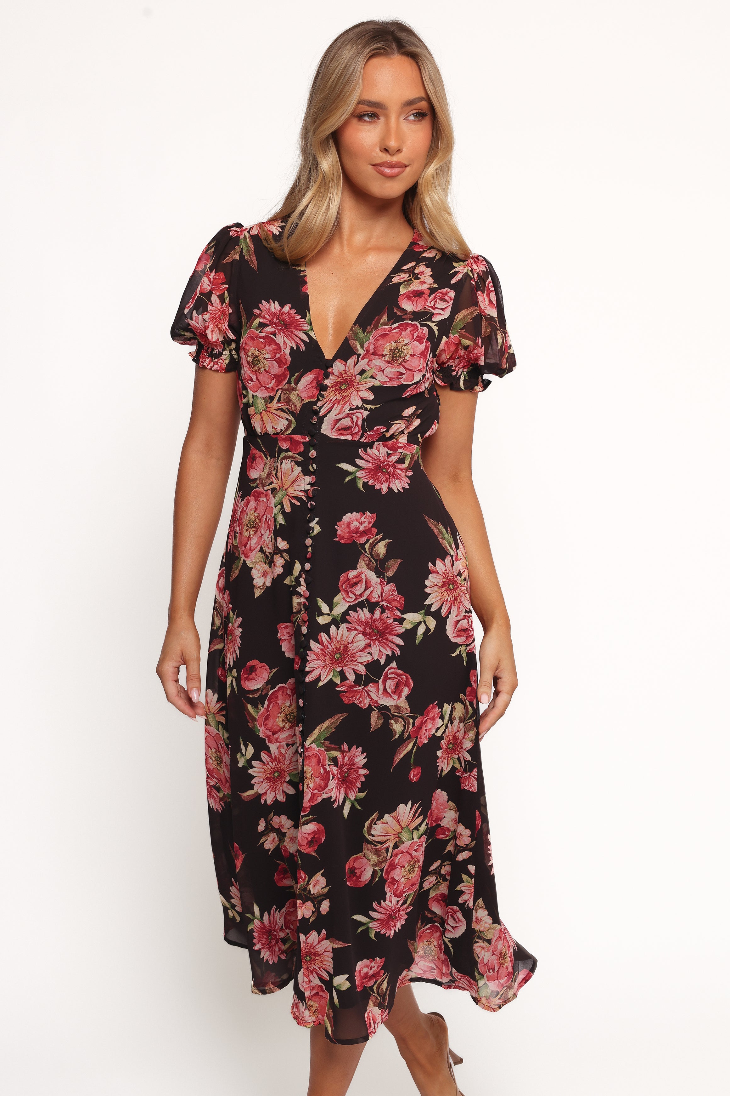 Petal and Pup USA DRESSES Logen Floral Midi Dress - Black Floral