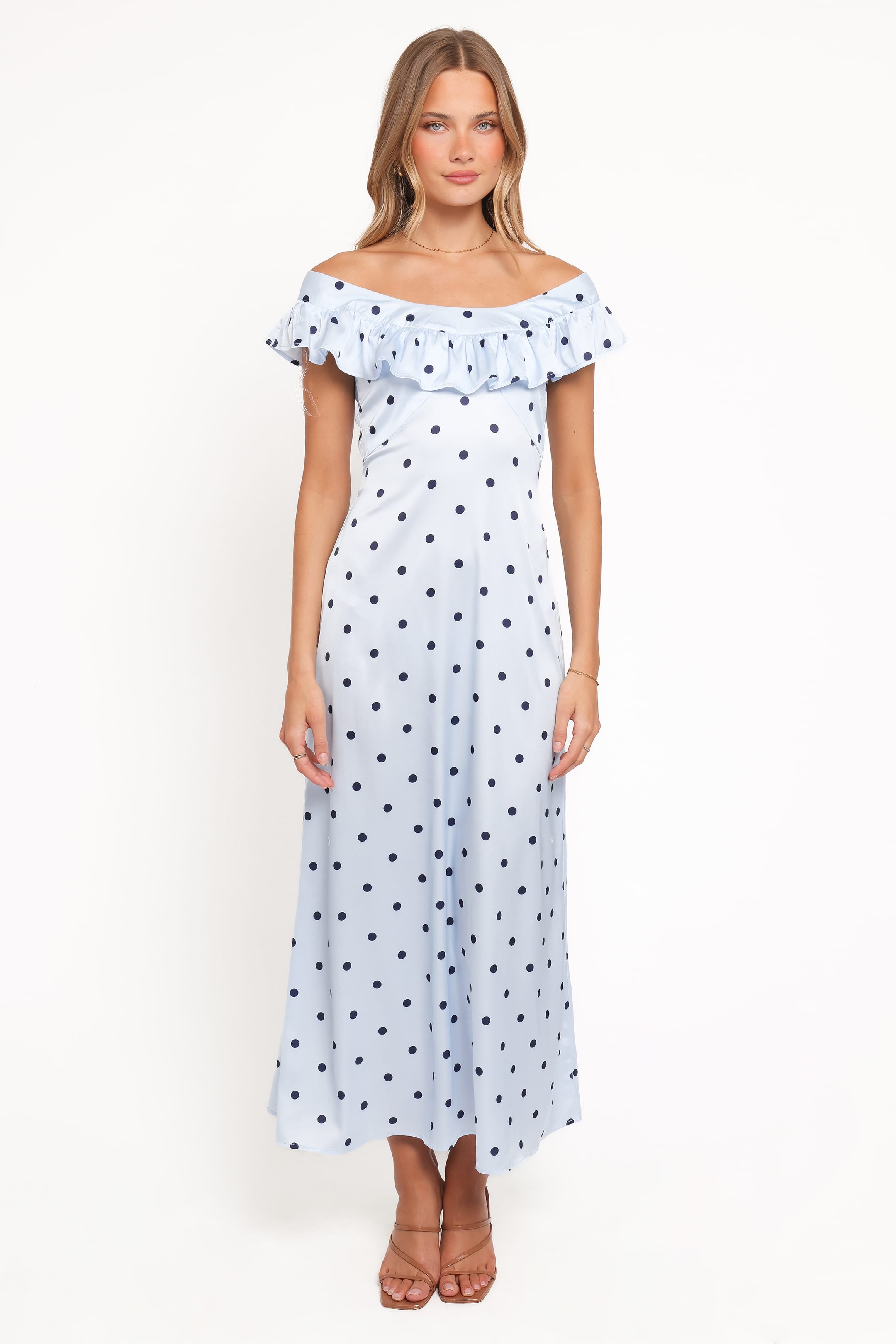 Petal and Pup USA DRESSES Manaris Off Shoulder Maxi Dress - Blue Polka Dot
