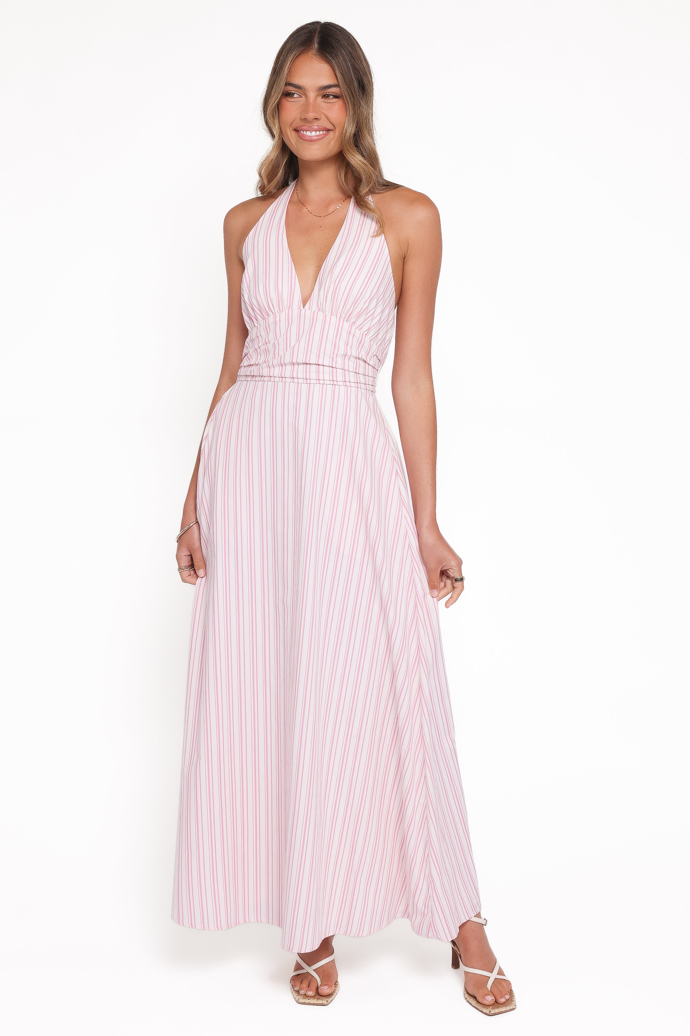 Petal and Pup USA DRESSES Marie Halterneck Maxi Dress - Pink Stripe