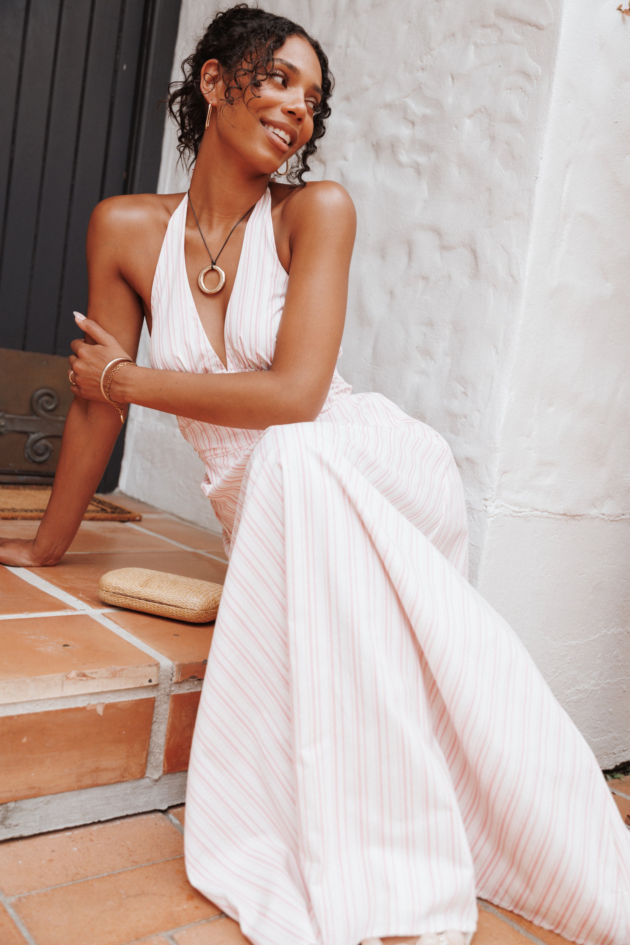 Petal and Pup USA DRESSES Marie Halterneck Maxi Dress - Pink Stripe