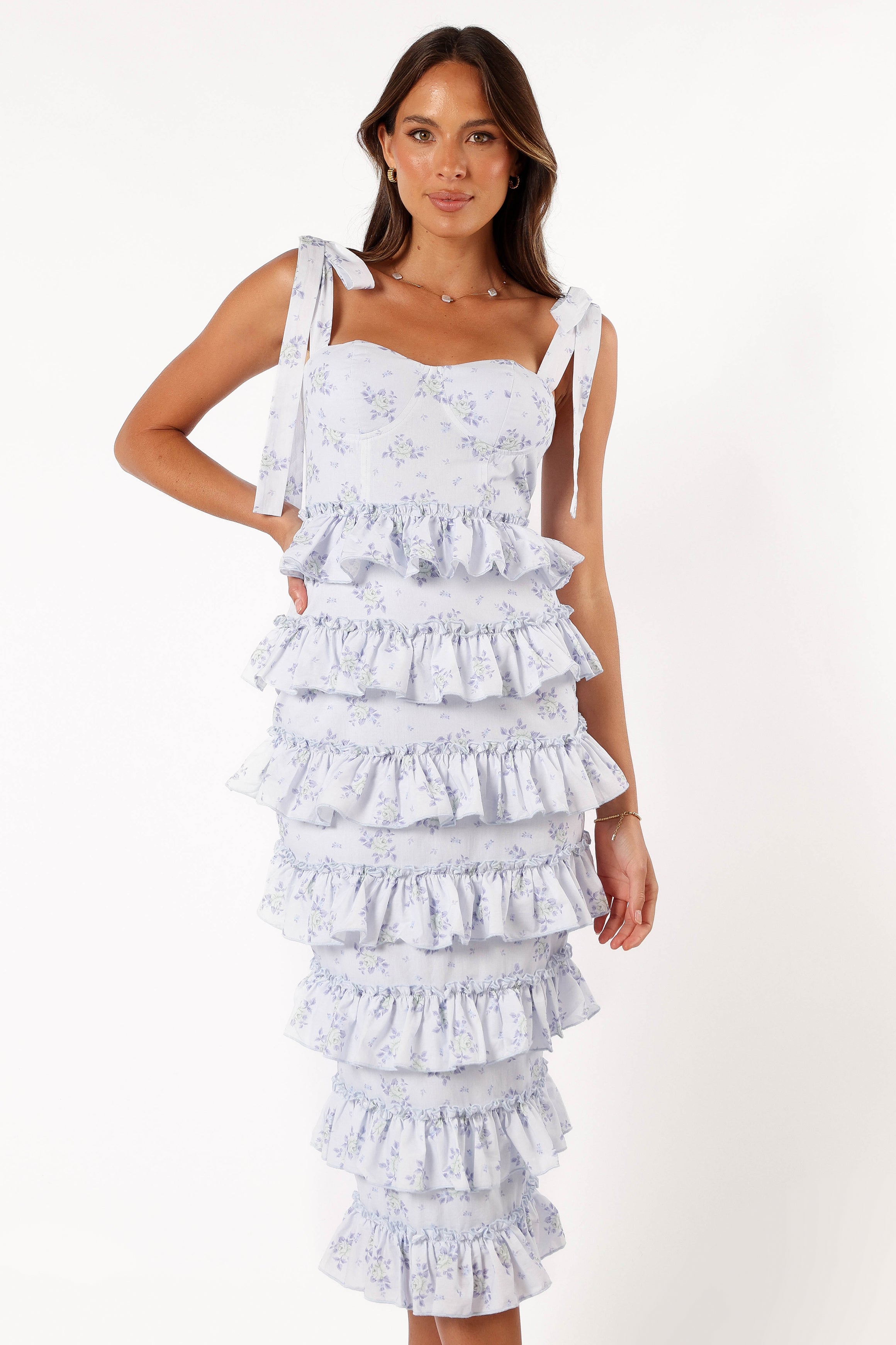 Petal and Pup USA DRESSES Marina Frilled Midi Dress - Blue Floral