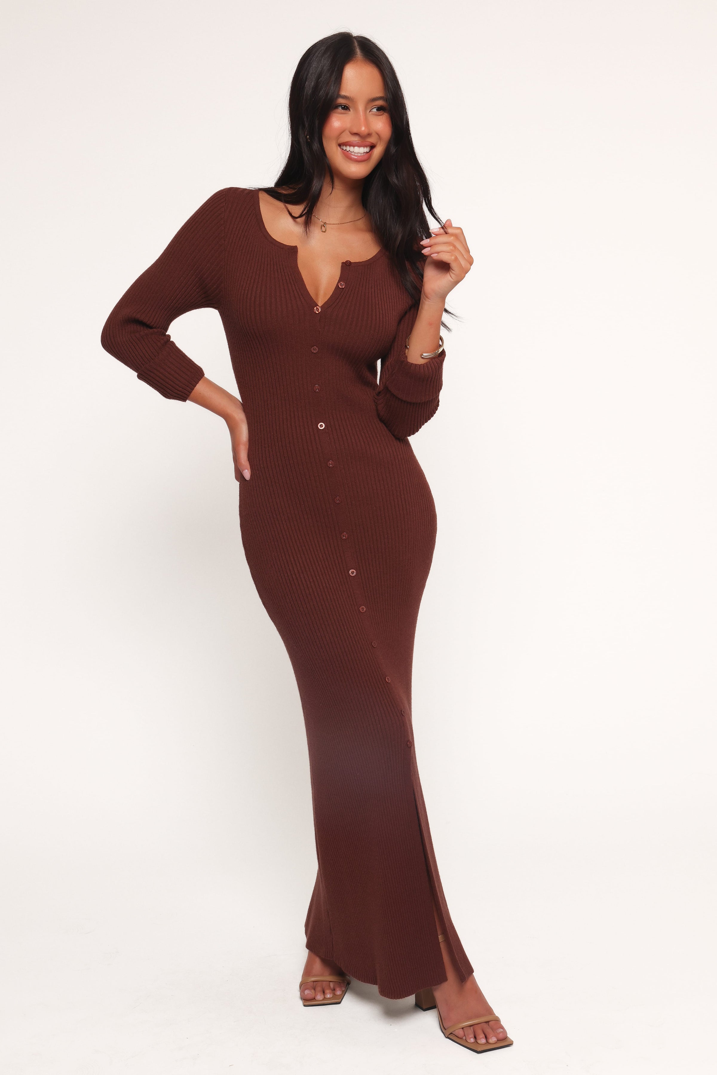 Petal and Pup USA DRESSES Marshall Button Through Knit Maxi Dress - Chocolate