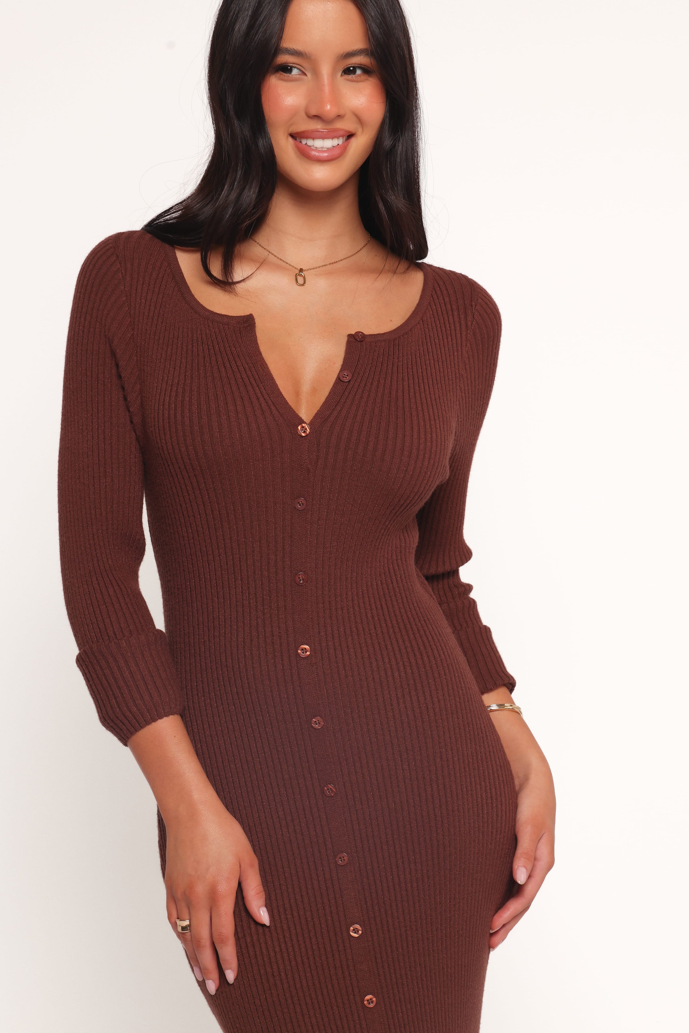 Petal and Pup USA DRESSES Marshall Button Through Knit Maxi Dress - Chocolate