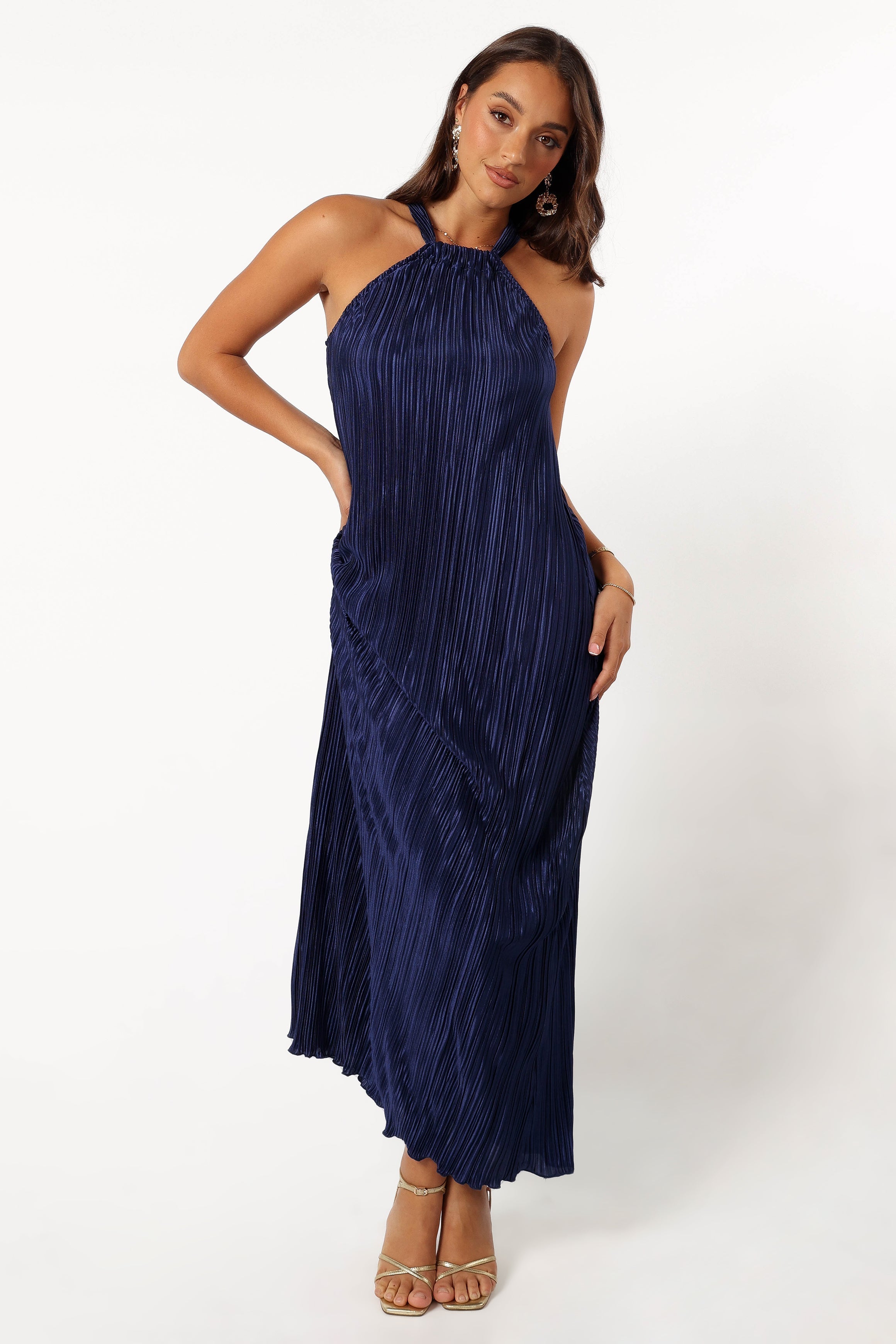 Petal and Pup USA DRESSES Melody Plisse Halter Maxi Dress - Navy