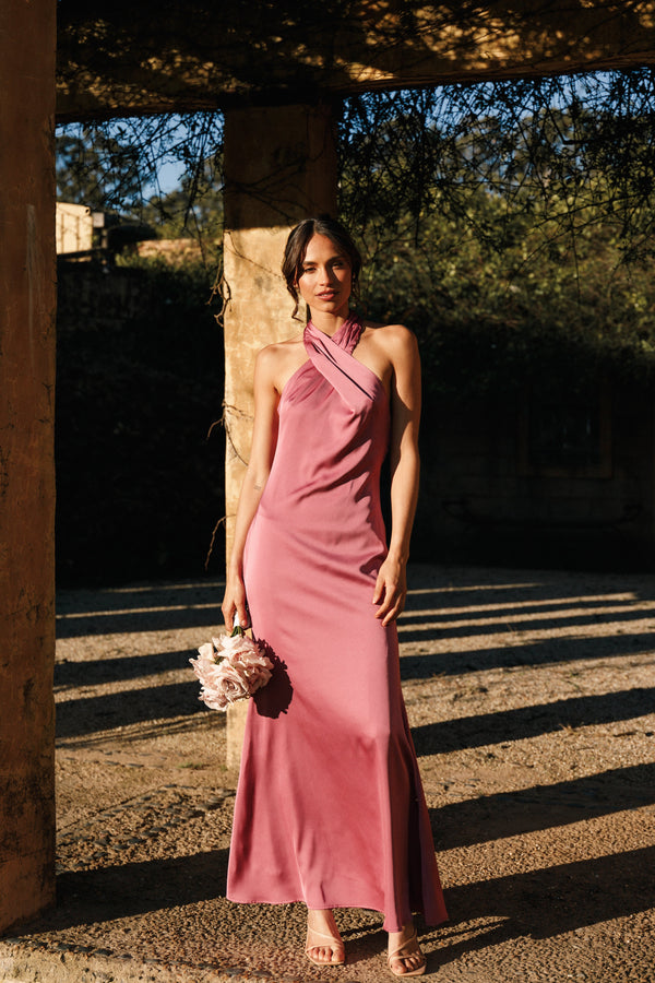 Petal and Pup USA DRESSES Mila Halterneck Maxi Dress - Dark Rose