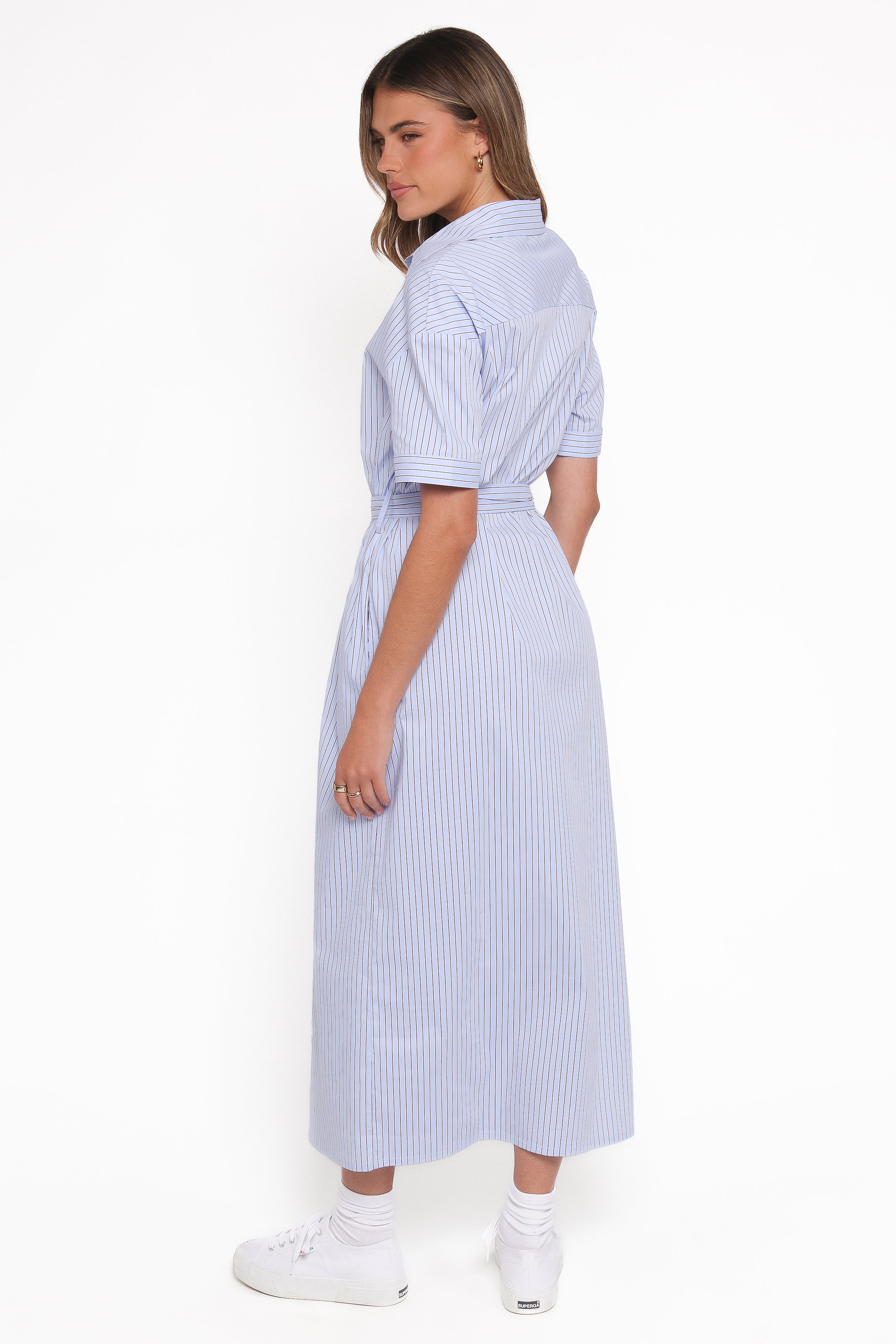 Petal and Pup USA DRESSES Morrison Short Sleeve Shirt Dress - Blue Brown Stripe