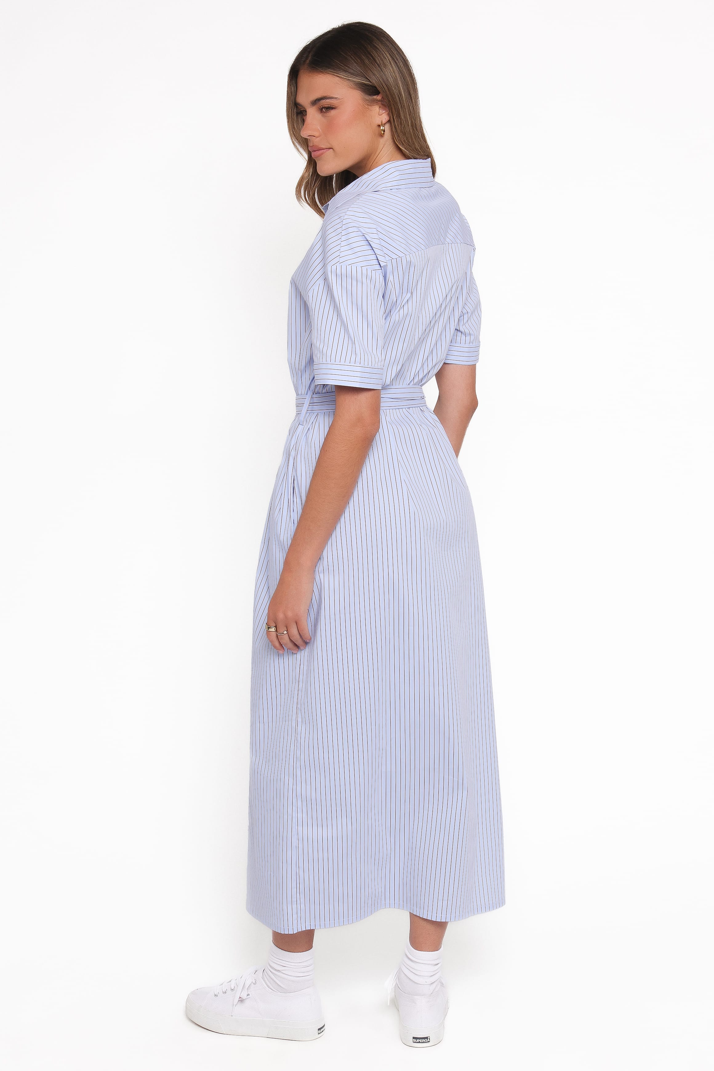 Petal and Pup USA DRESSES Morrison Short Sleeve Shirt Dress - Blue Brown Stripe