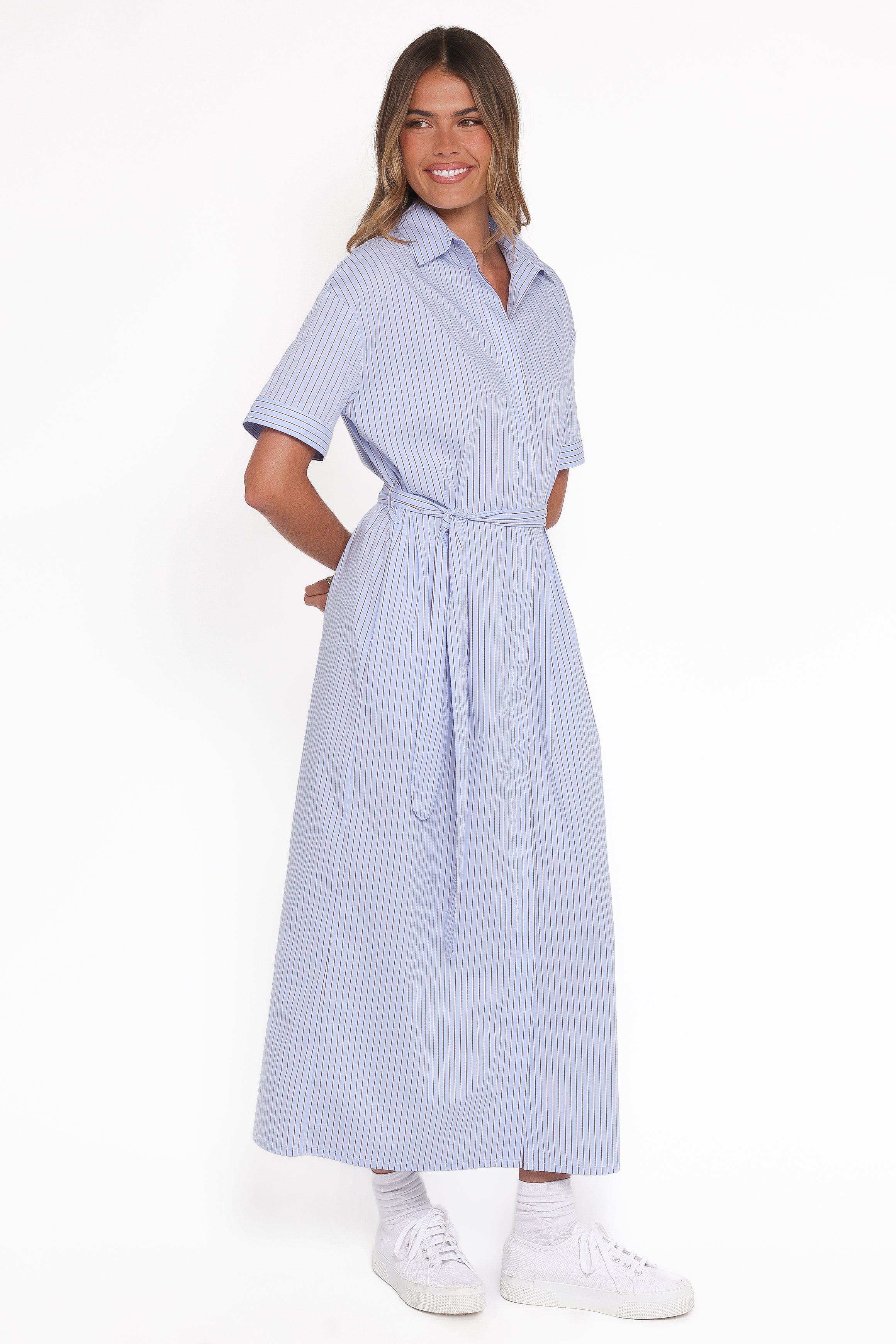 Petal and Pup USA DRESSES Morrison Short Sleeve Shirt Dress - Blue Brown Stripe