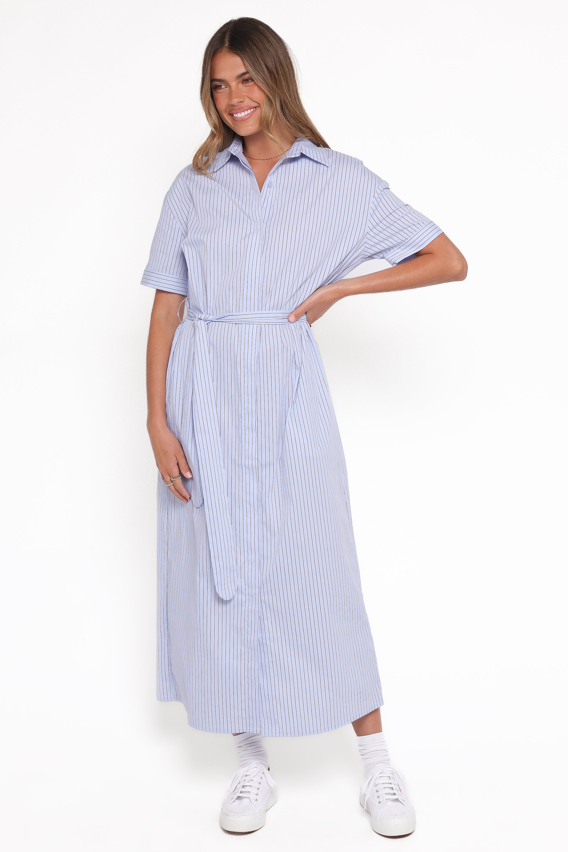 Petal and Pup USA DRESSES Morrison Short Sleeve Shirt Dress - Blue Brown Stripe