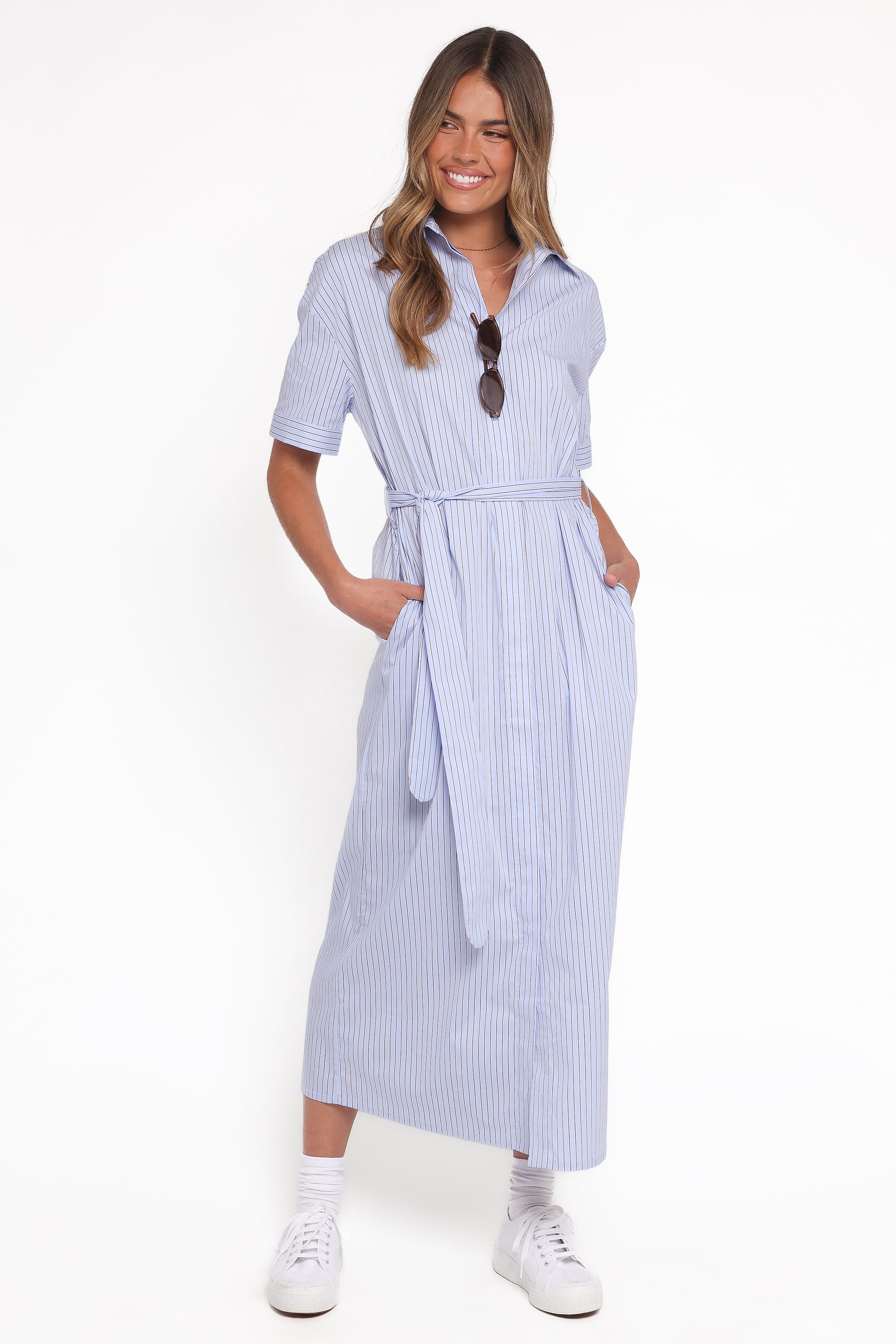 Petal and Pup USA DRESSES Morrison Short Sleeve Shirt Dress - Blue Brown Stripe
