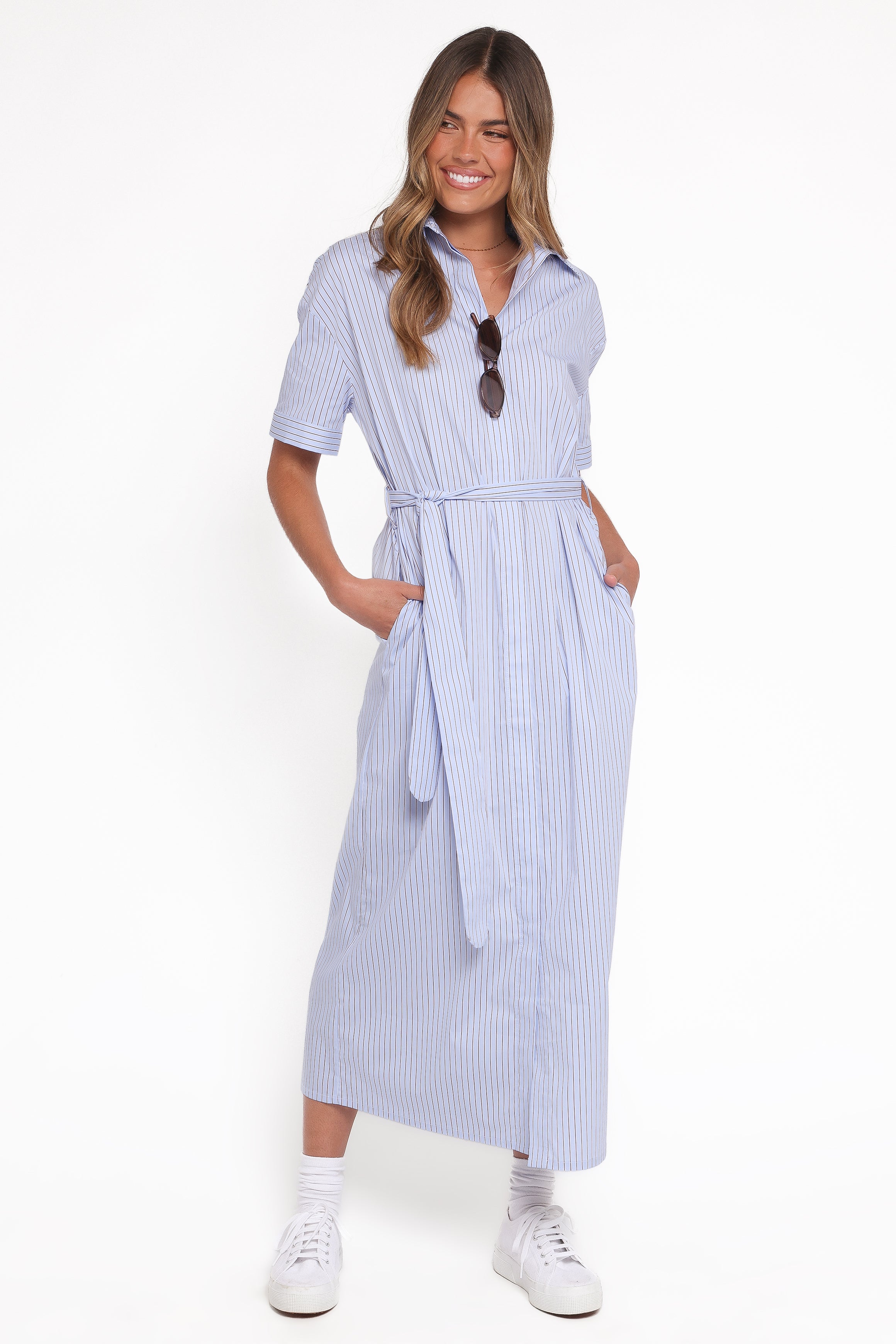 Petal and Pup USA DRESSES Morrison Short Sleeve Shirt Dress - Blue Brown Stripe