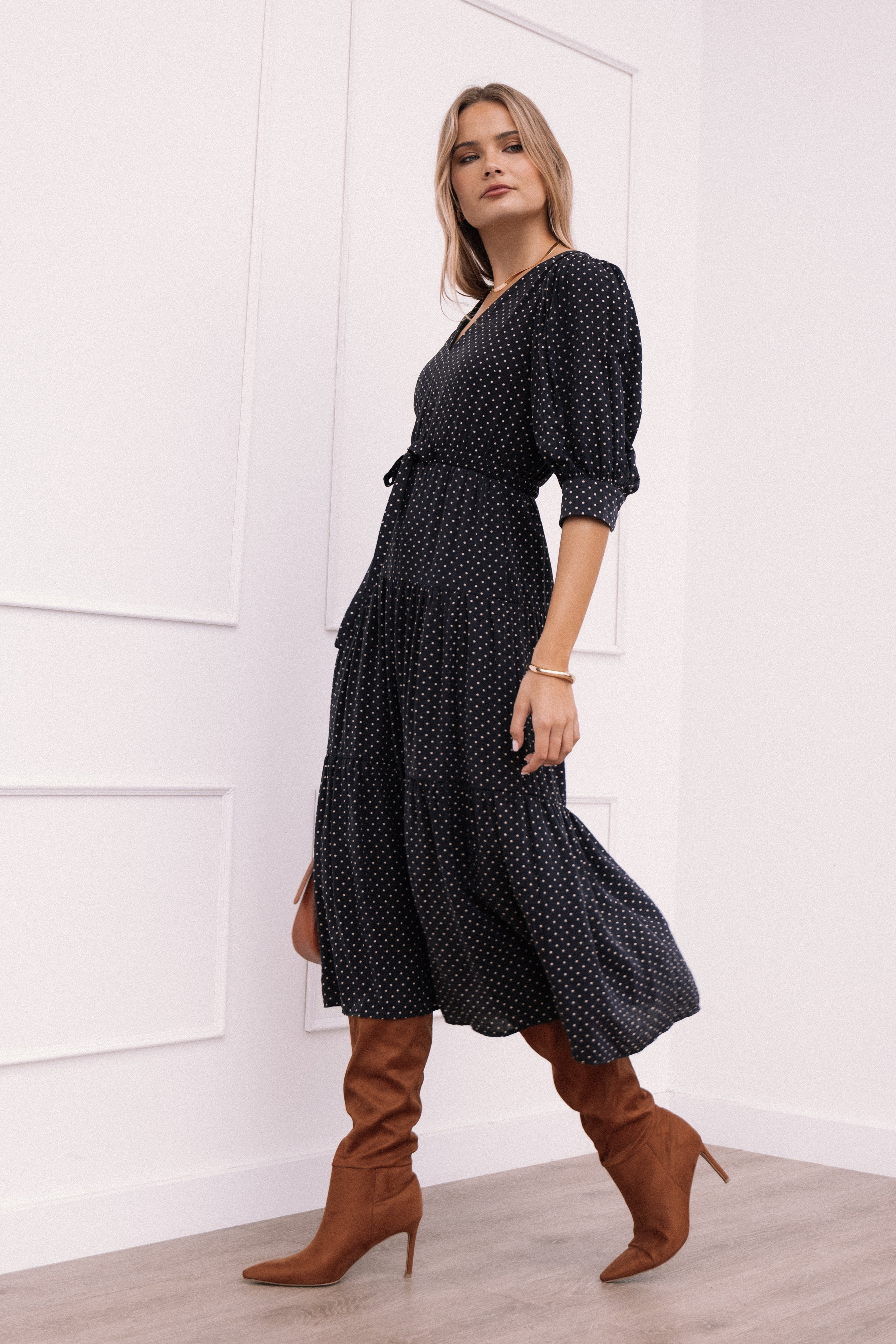 Petal and Pup USA DRESSES Moscow Midi Dress - Black Polka Dot