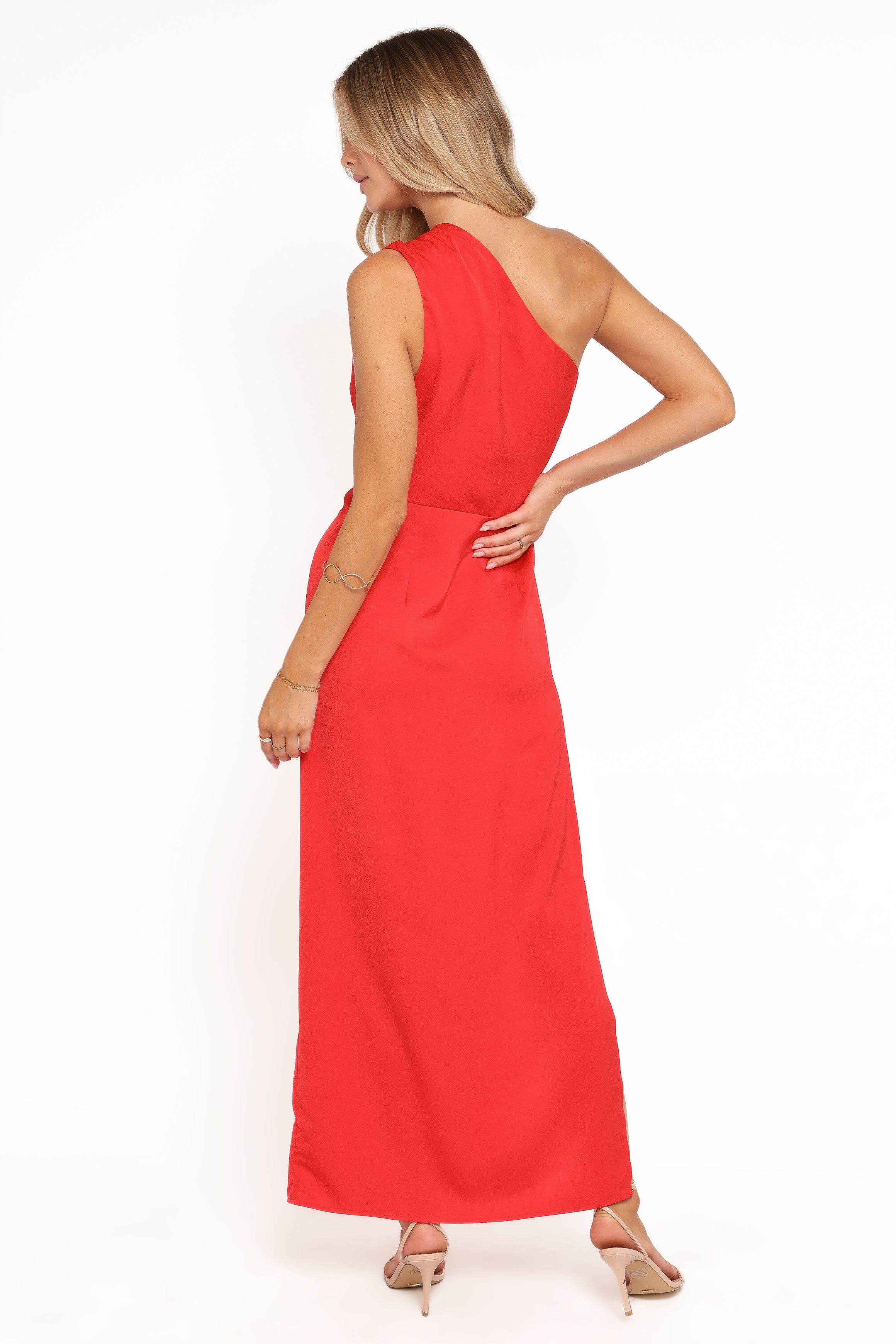 Petal and Pup USA DRESSES Nadia One Shoulder Maxi Dress - Red Jacquard Satin