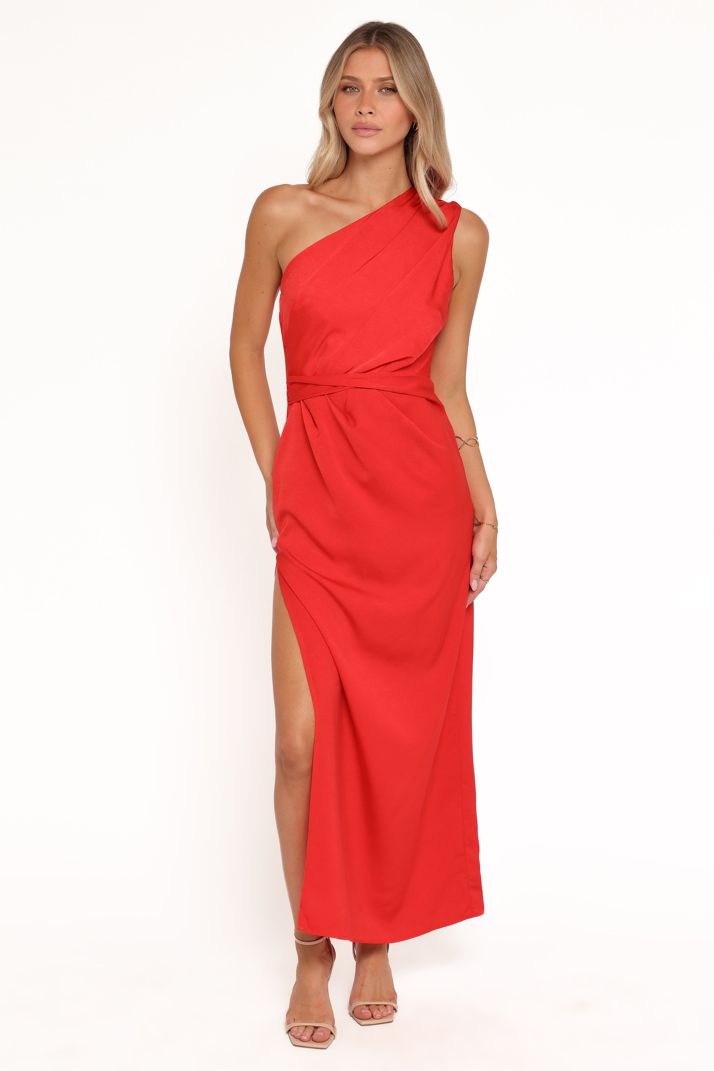 Petal and Pup USA DRESSES Nadia One Shoulder Maxi Dress - Red Jacquard Satin