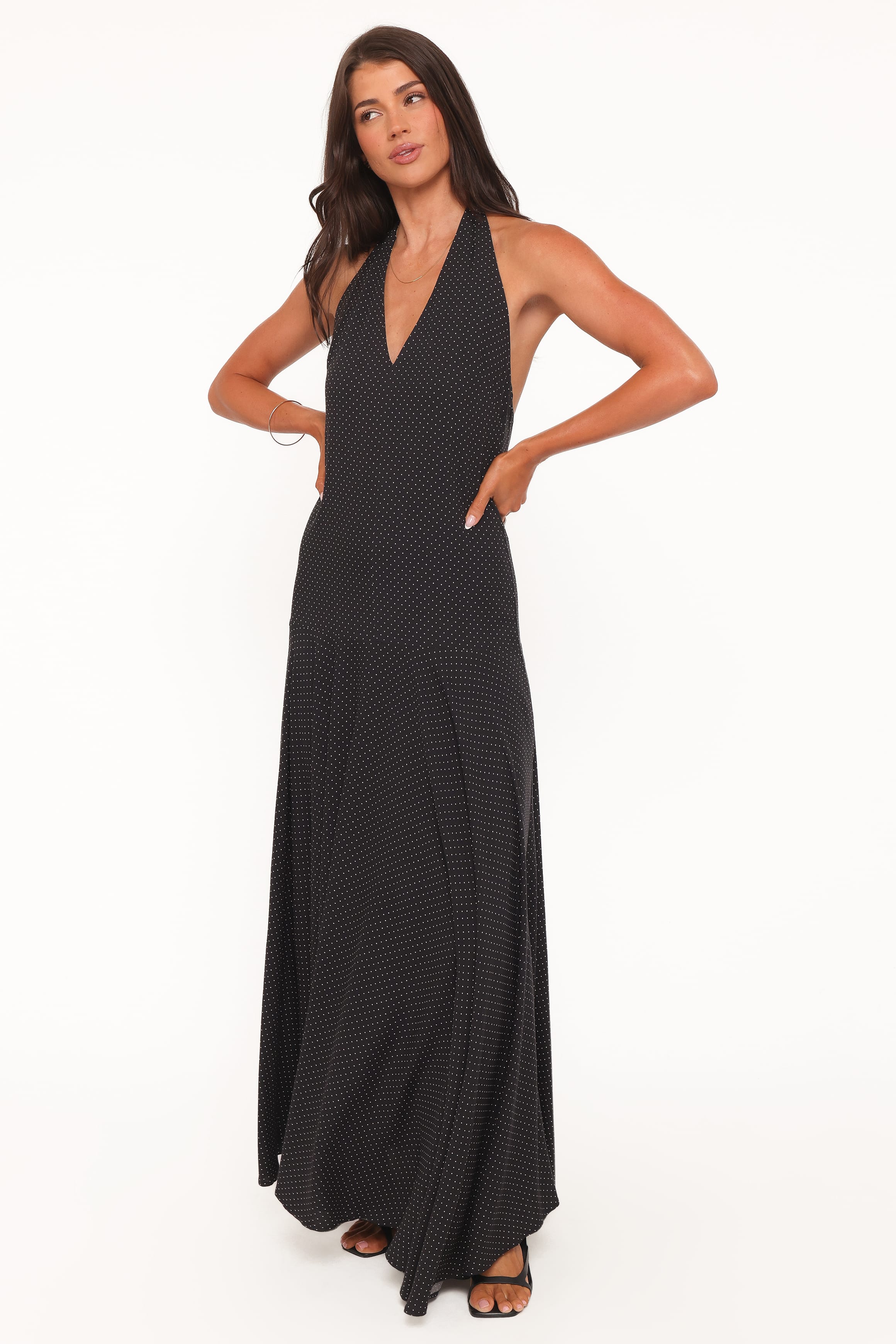 Petal and Pup USA DRESSES Natalie Halterneck Maxi Dress - Black Polka Dot
