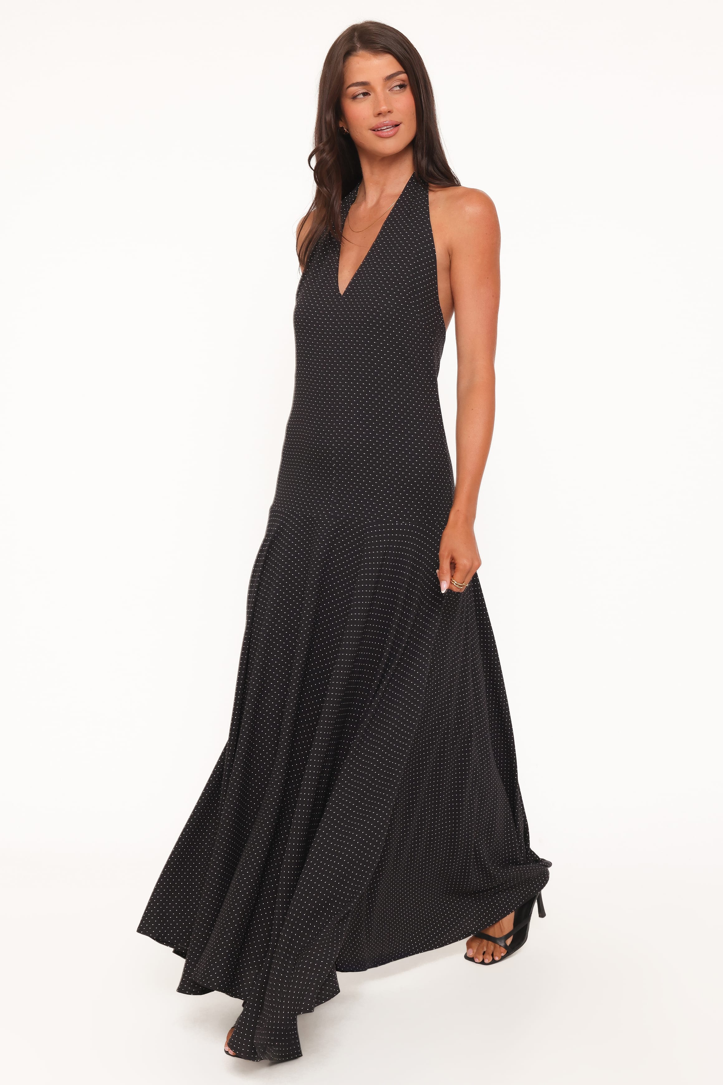 Petal and Pup USA DRESSES Natalie Halterneck Maxi Dress - Black Polka Dot