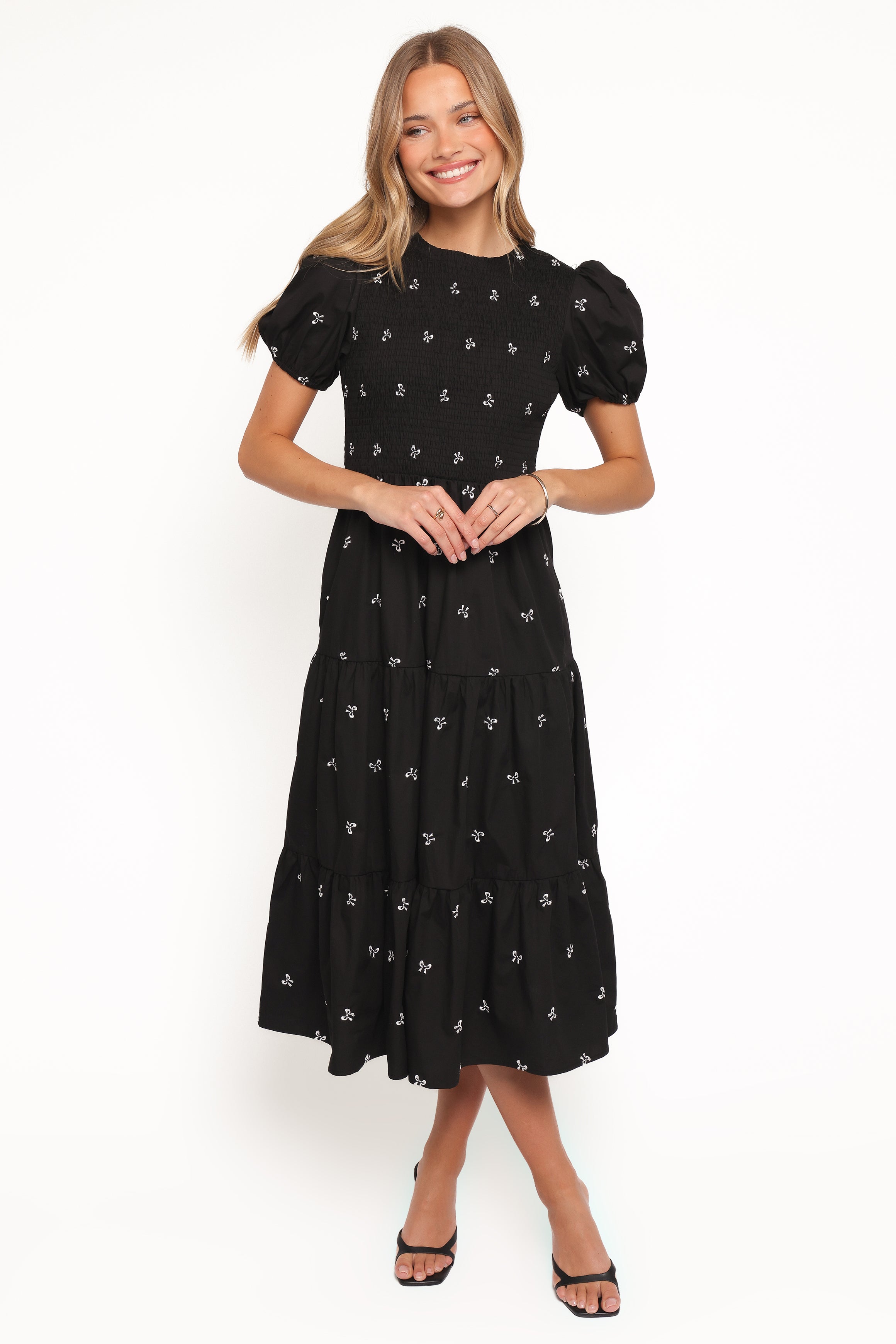 Petal and Pup USA DRESSES Naura Shirred Tiered Midi Dress - Black Bow
