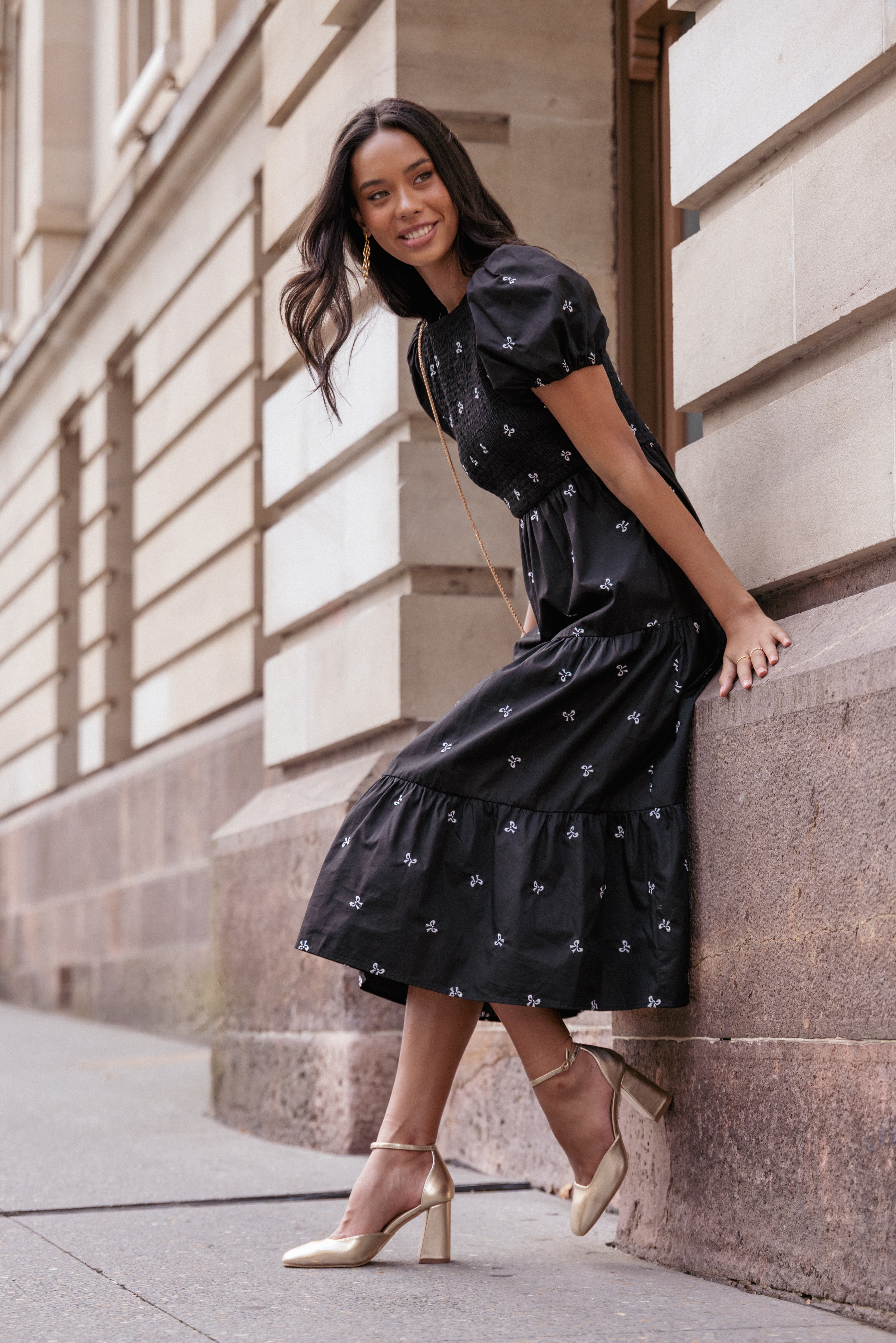 Naura Shirred Tiered Midi Dress - Black Bow | Petal & Pup USA