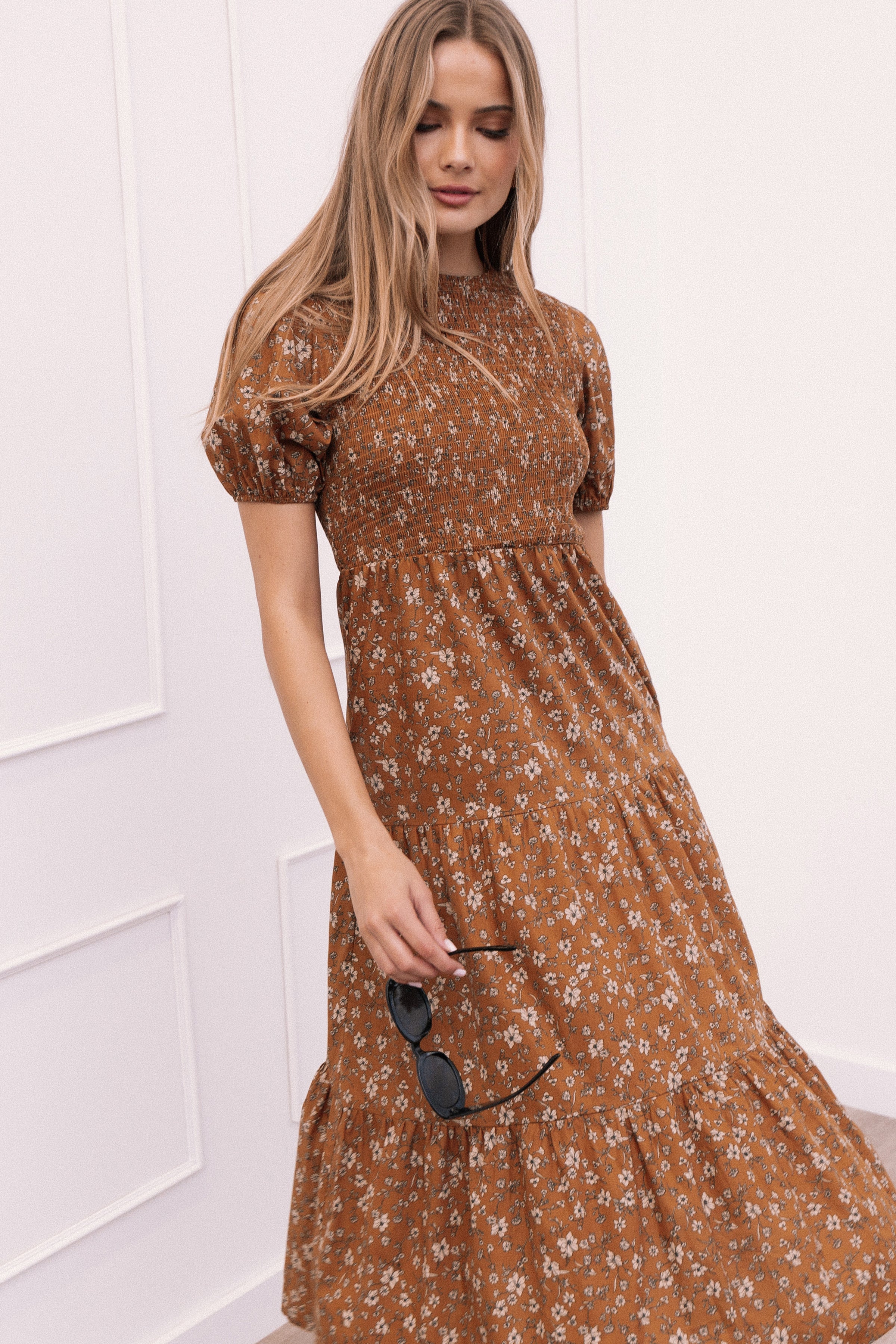 Petal and Pup USA DRESSES Naura Shirred Tiered Midi Dress - Cognac Floral
