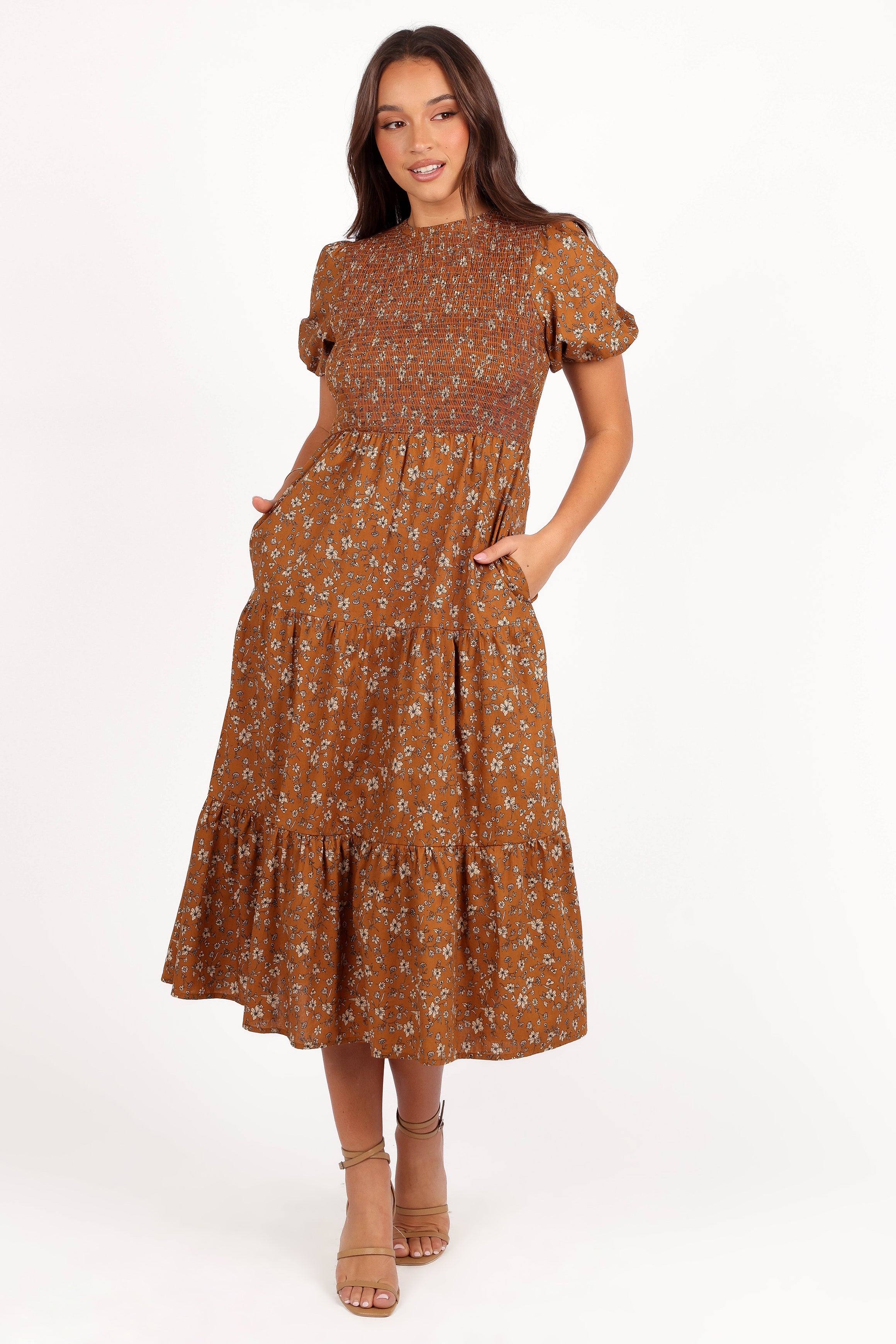Petal and Pup USA DRESSES Naura Shirred Tiered Midi Dress - Cognac Floral