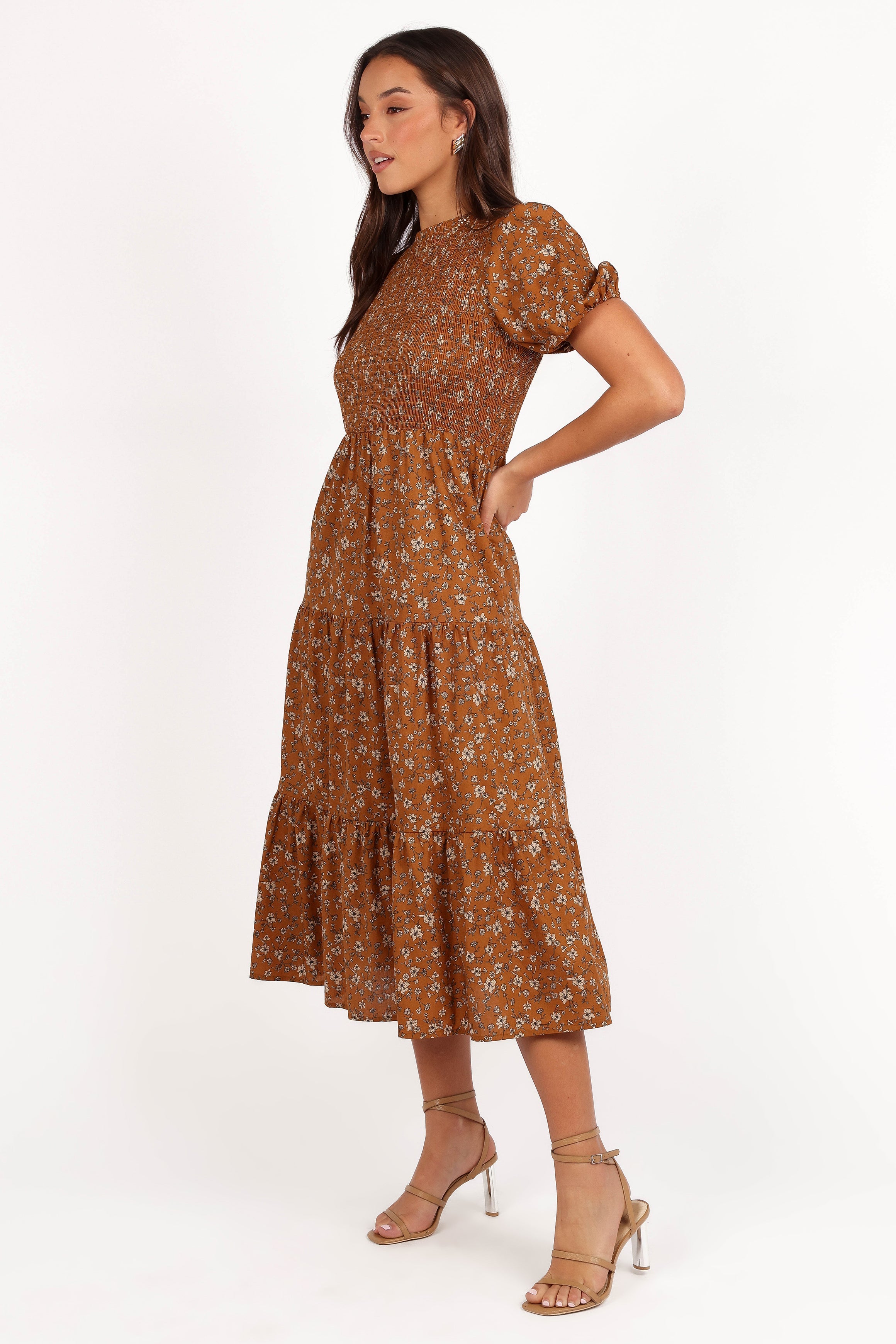 Petal and Pup USA DRESSES Naura Shirred Tiered Midi Dress - Cognac Floral