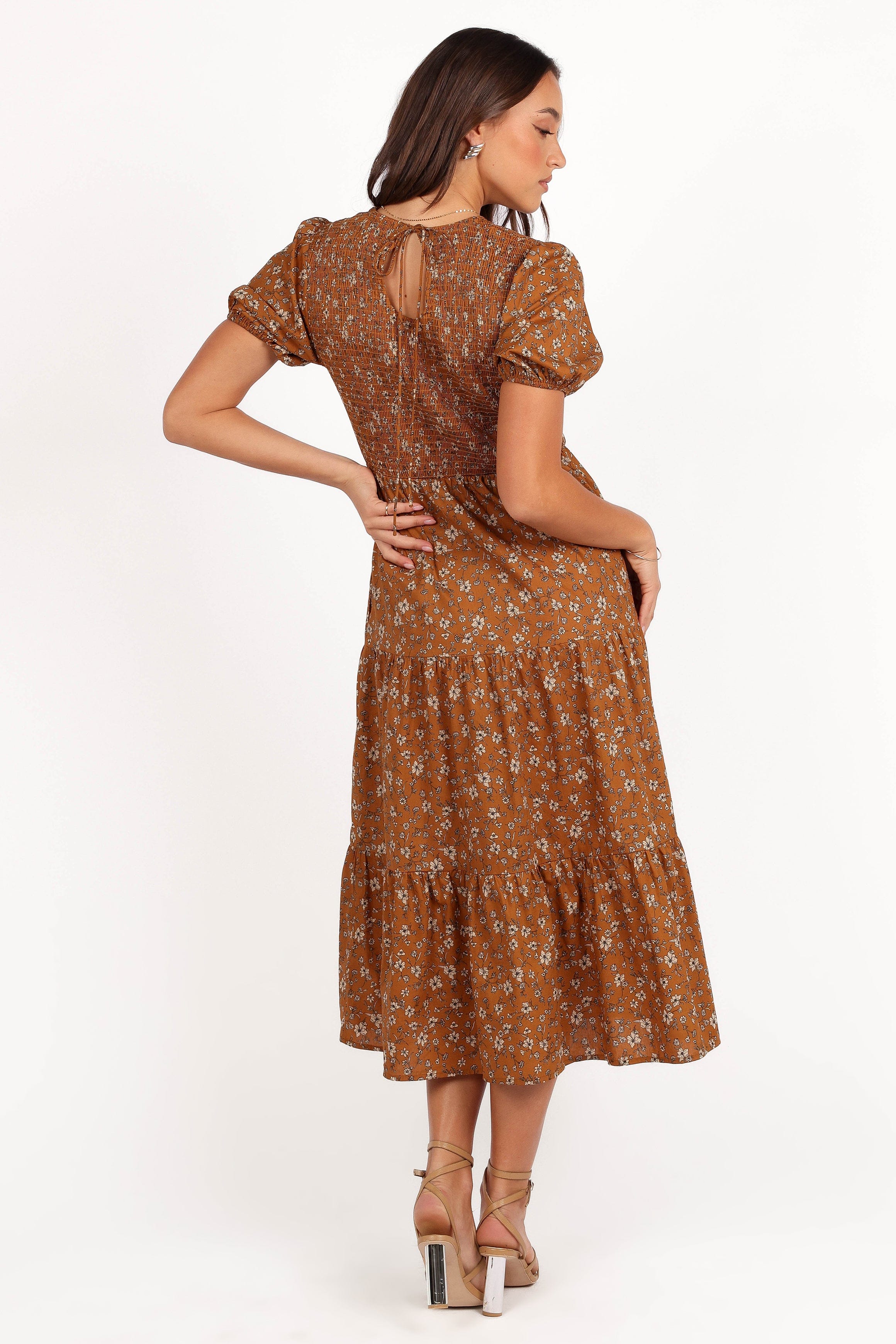 Petal and Pup USA DRESSES Naura Shirred Tiered Midi Dress - Cognac Floral