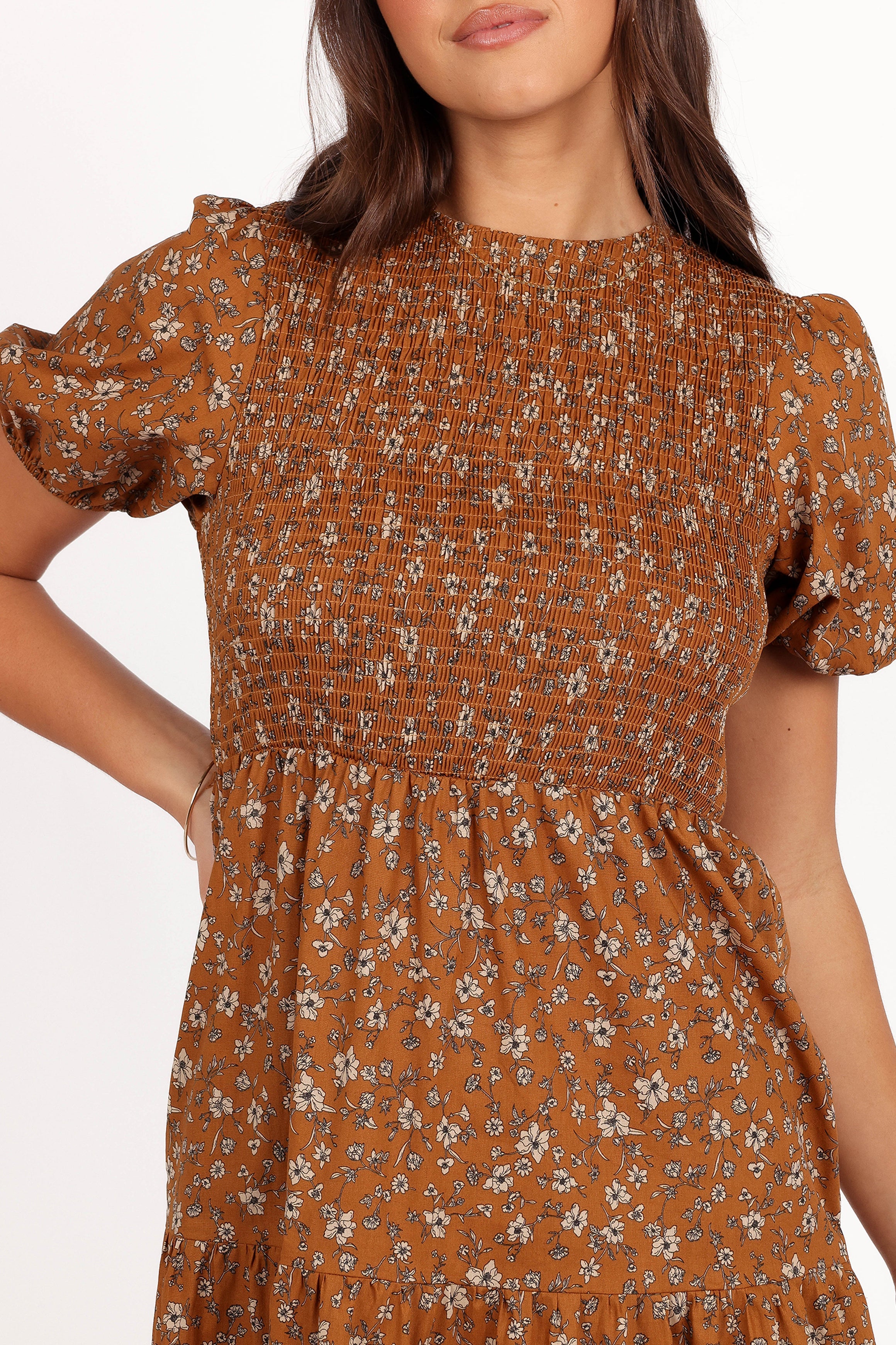 Petal and Pup USA DRESSES Naura Shirred Tiered Midi Dress - Cognac Floral