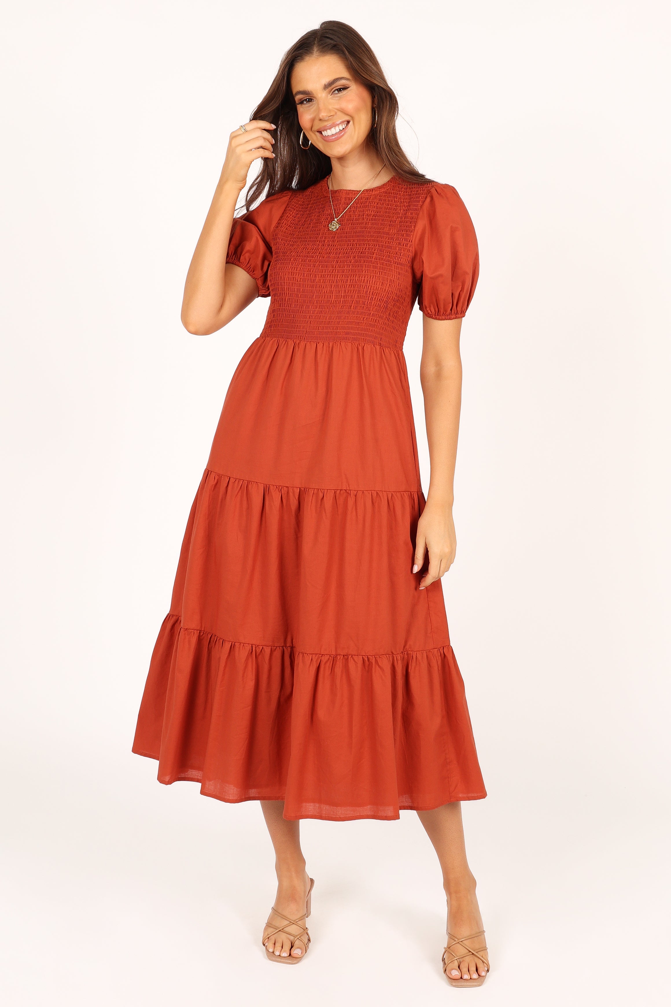 Petal and Pup USA DRESSES Naura Shirred Tiered Midi Dress - Rust
