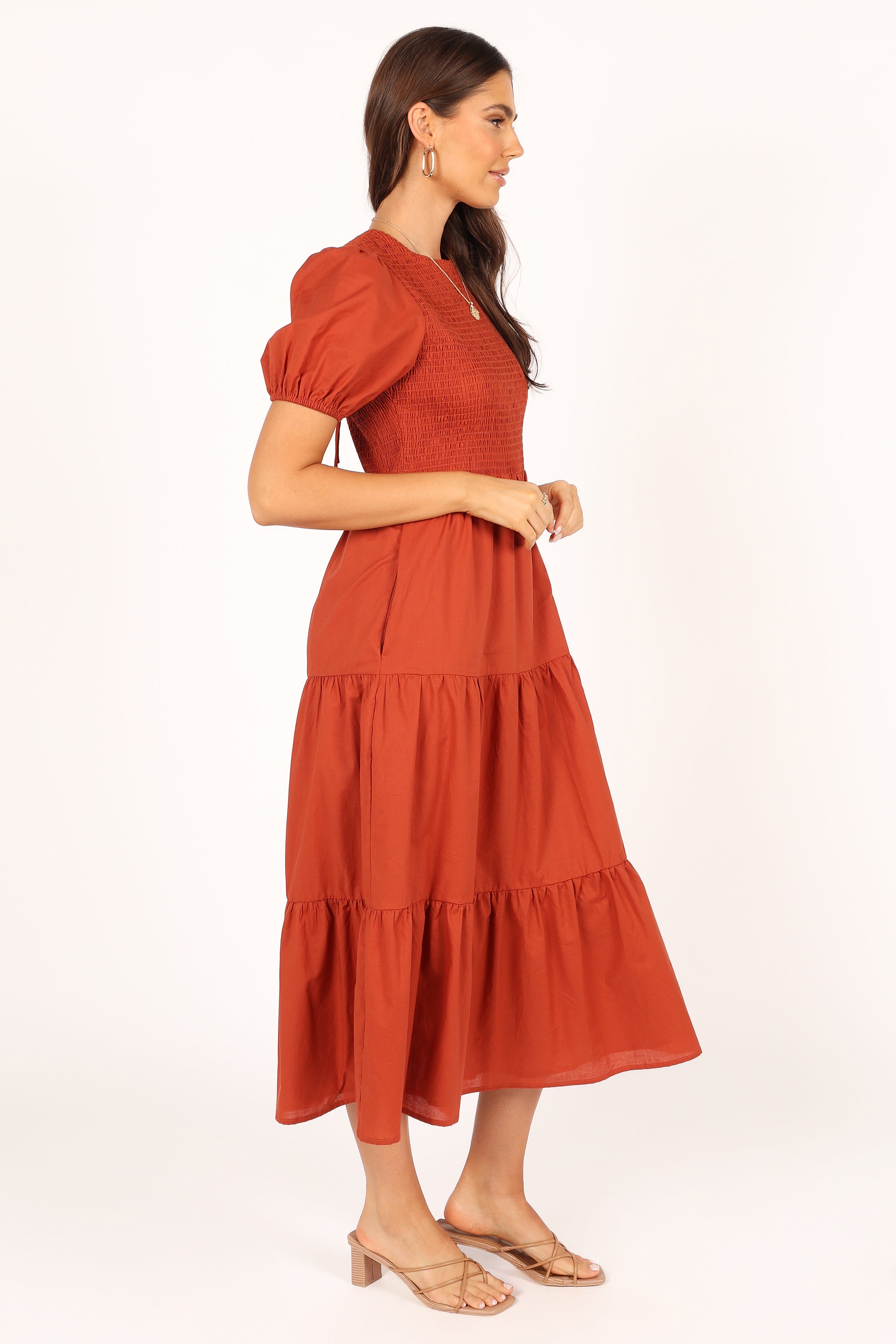 Petal and Pup USA DRESSES Naura Shirred Tiered Midi Dress - Rust