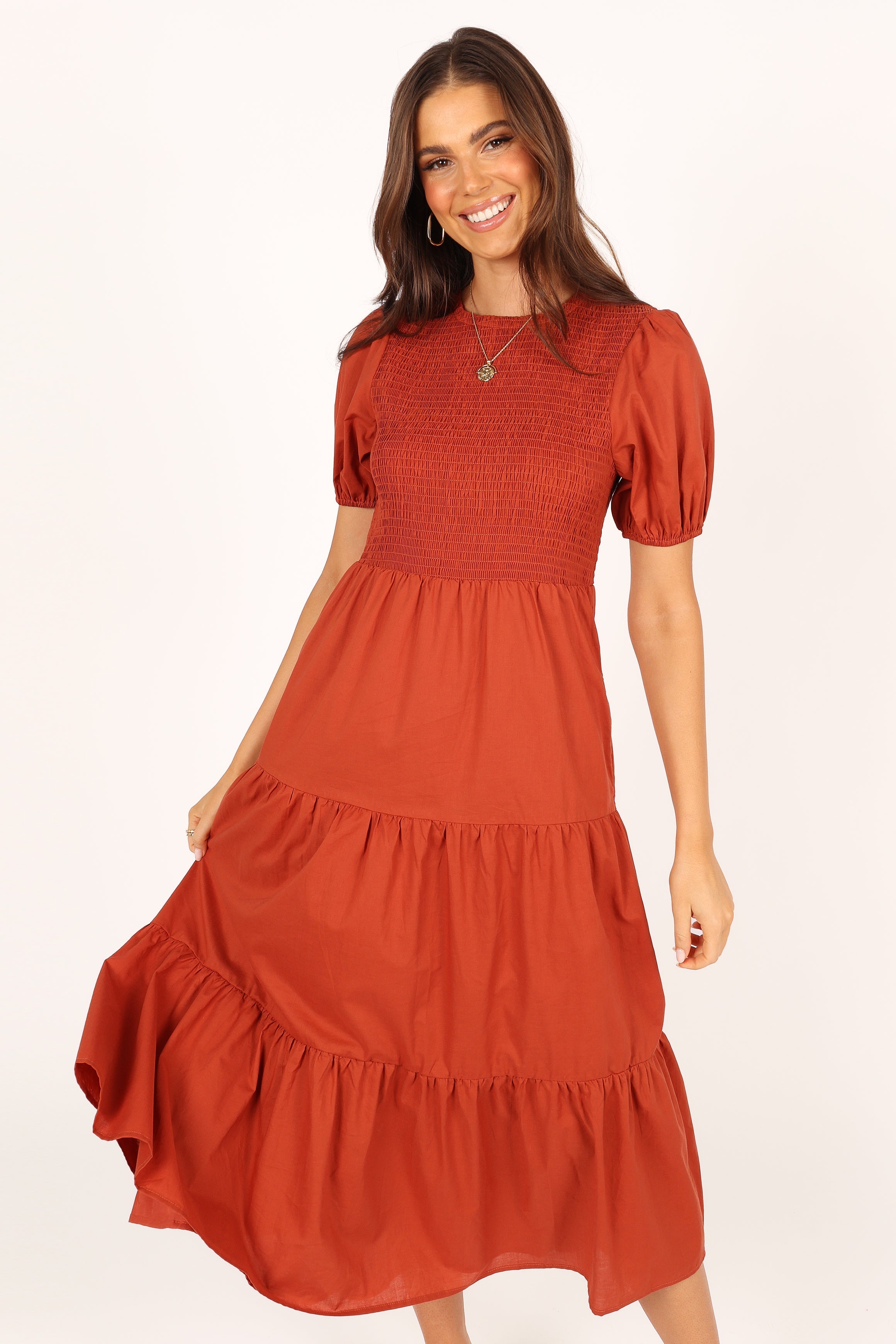 Petal and Pup USA DRESSES Naura Shirred Tiered Midi Dress - Rust