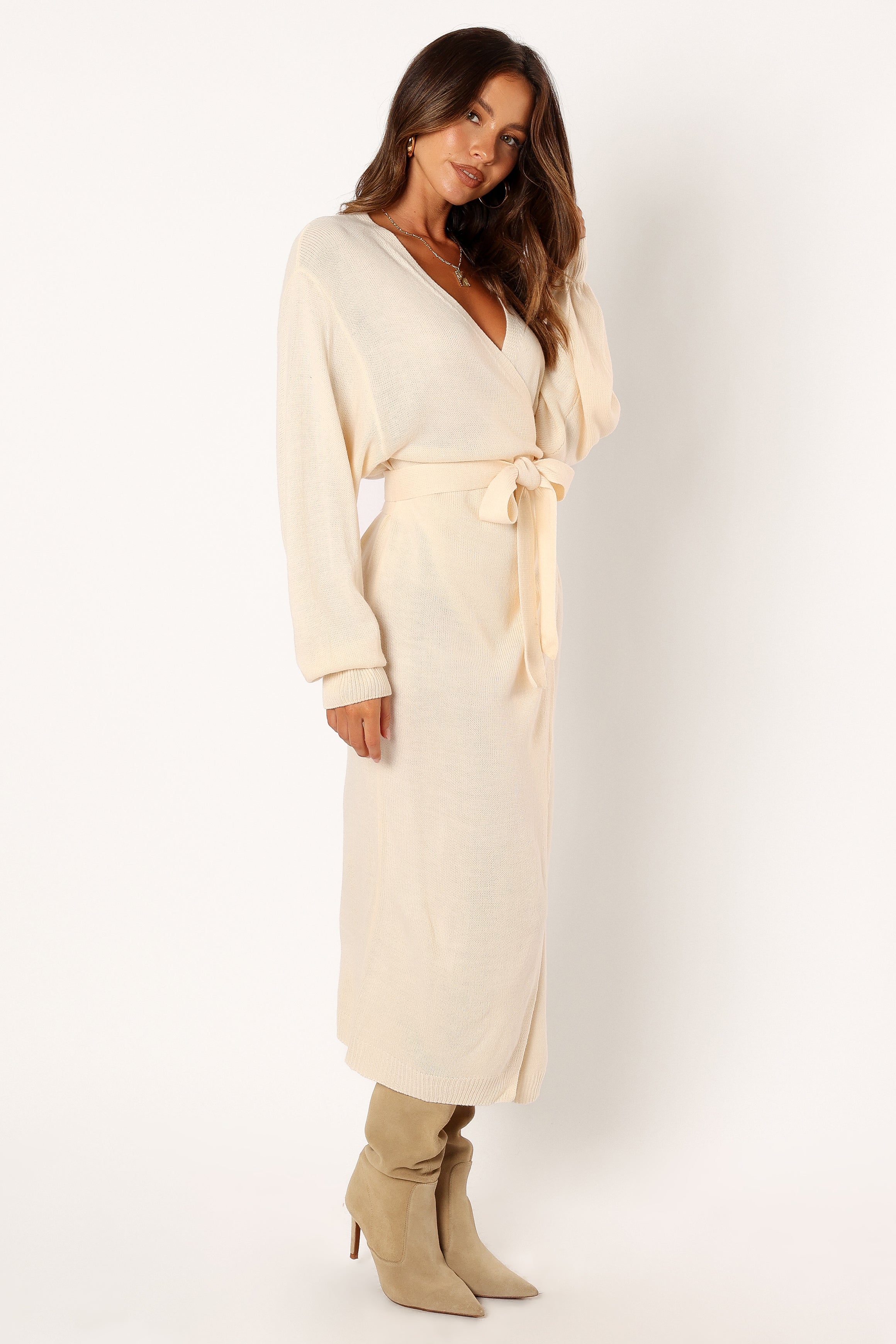 Petal and Pup USA DRESSES Nova Wrap Knit Midi Dress - Taupe