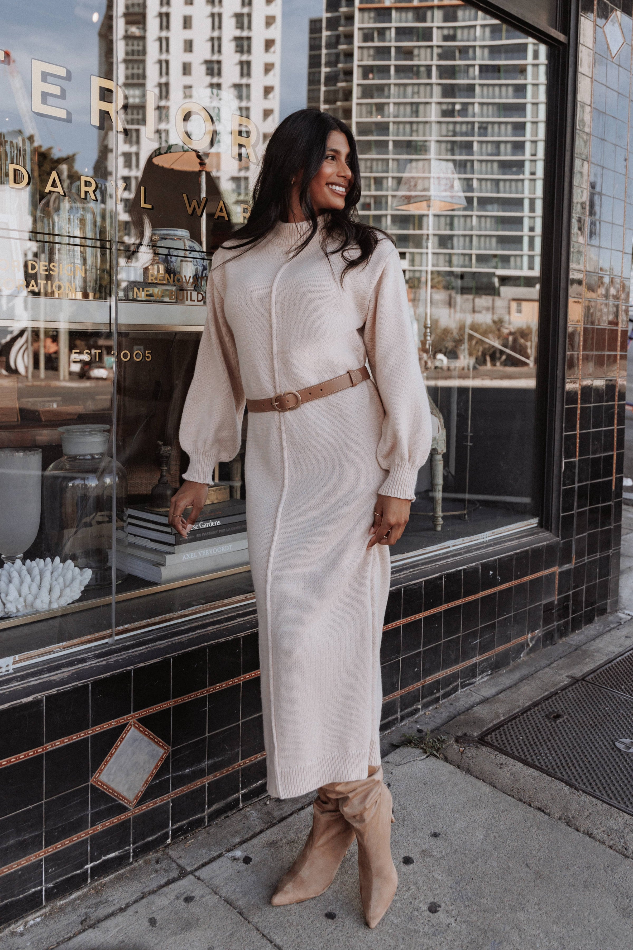 Petal and Pup USA DRESSES Odile Knit Midi Dress - Tan
