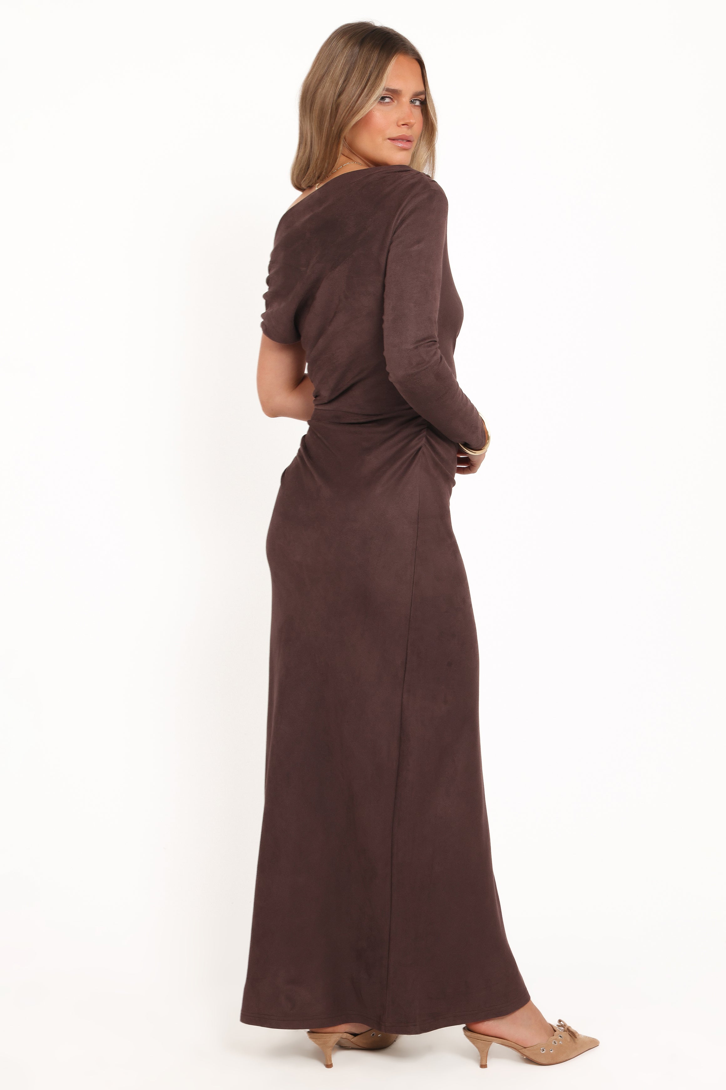 Petal and Pup USA DRESSES Olympia Off Shoulder Maxi Dress - Chocolate