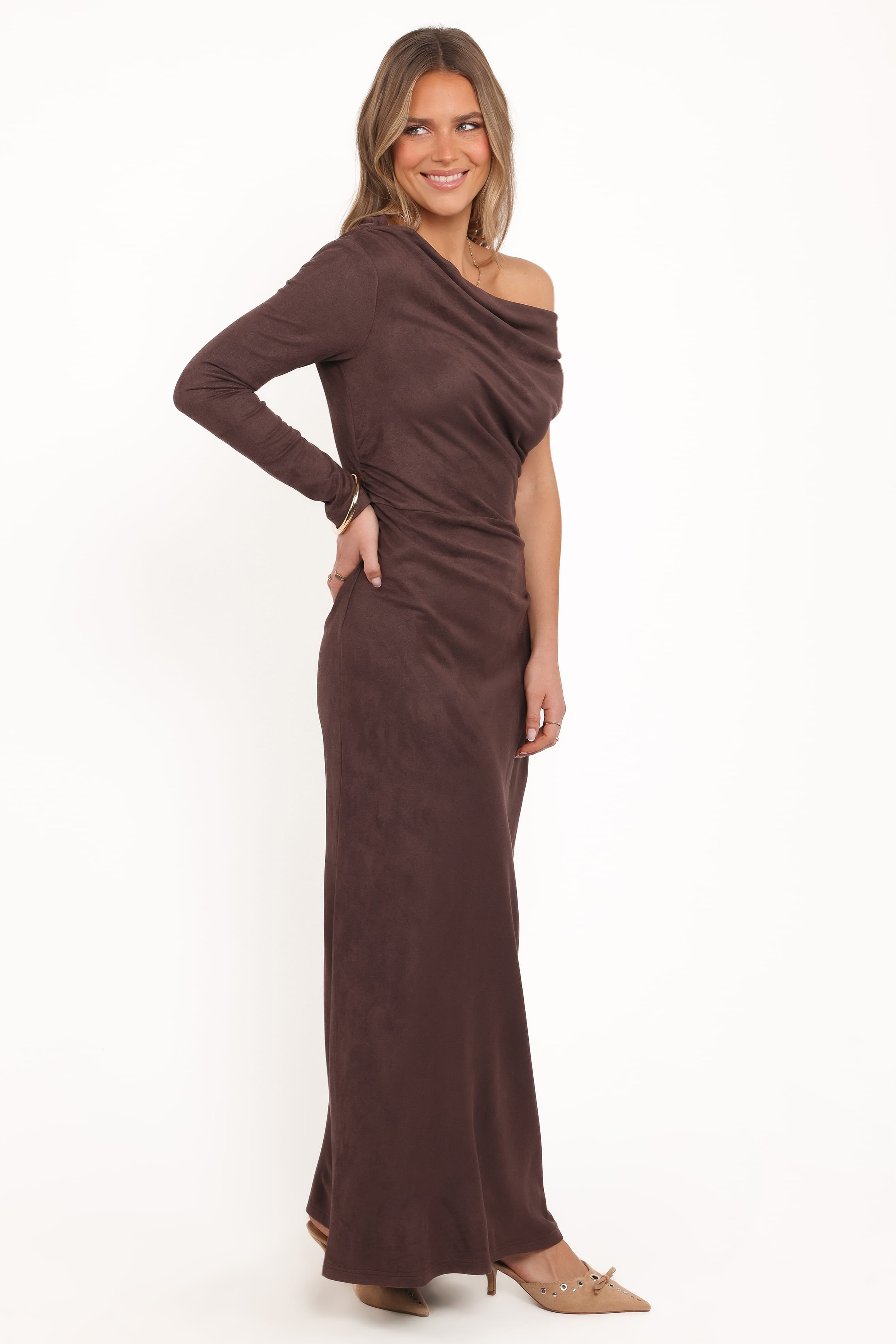Petal and Pup USA DRESSES Olympia Off Shoulder Maxi Dress - Chocolate