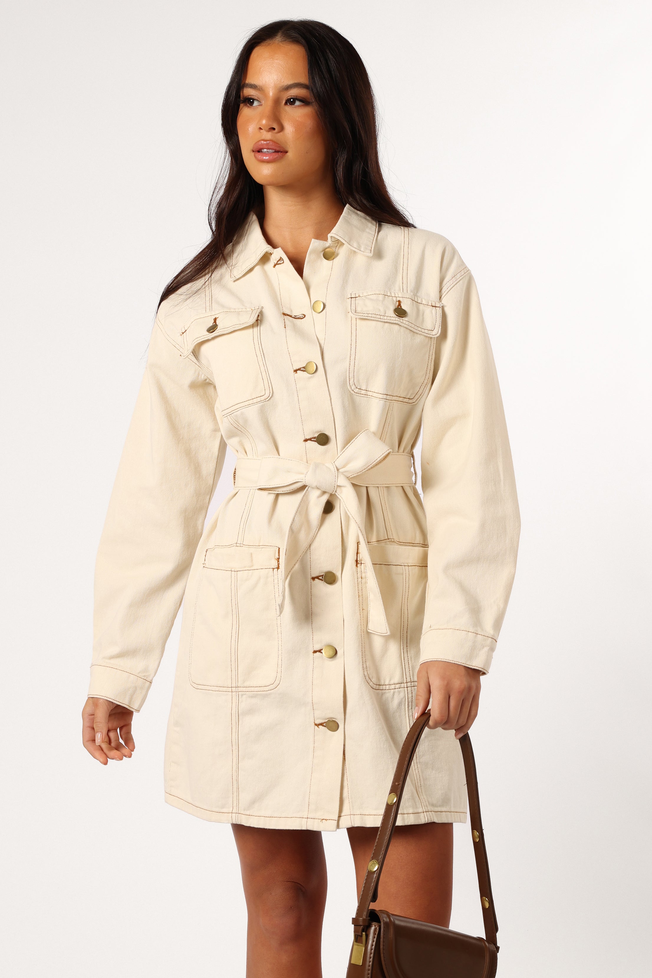 Petal and Pup USA DRESSES Otto Long Sleeve Mini Denim Dress - Sand