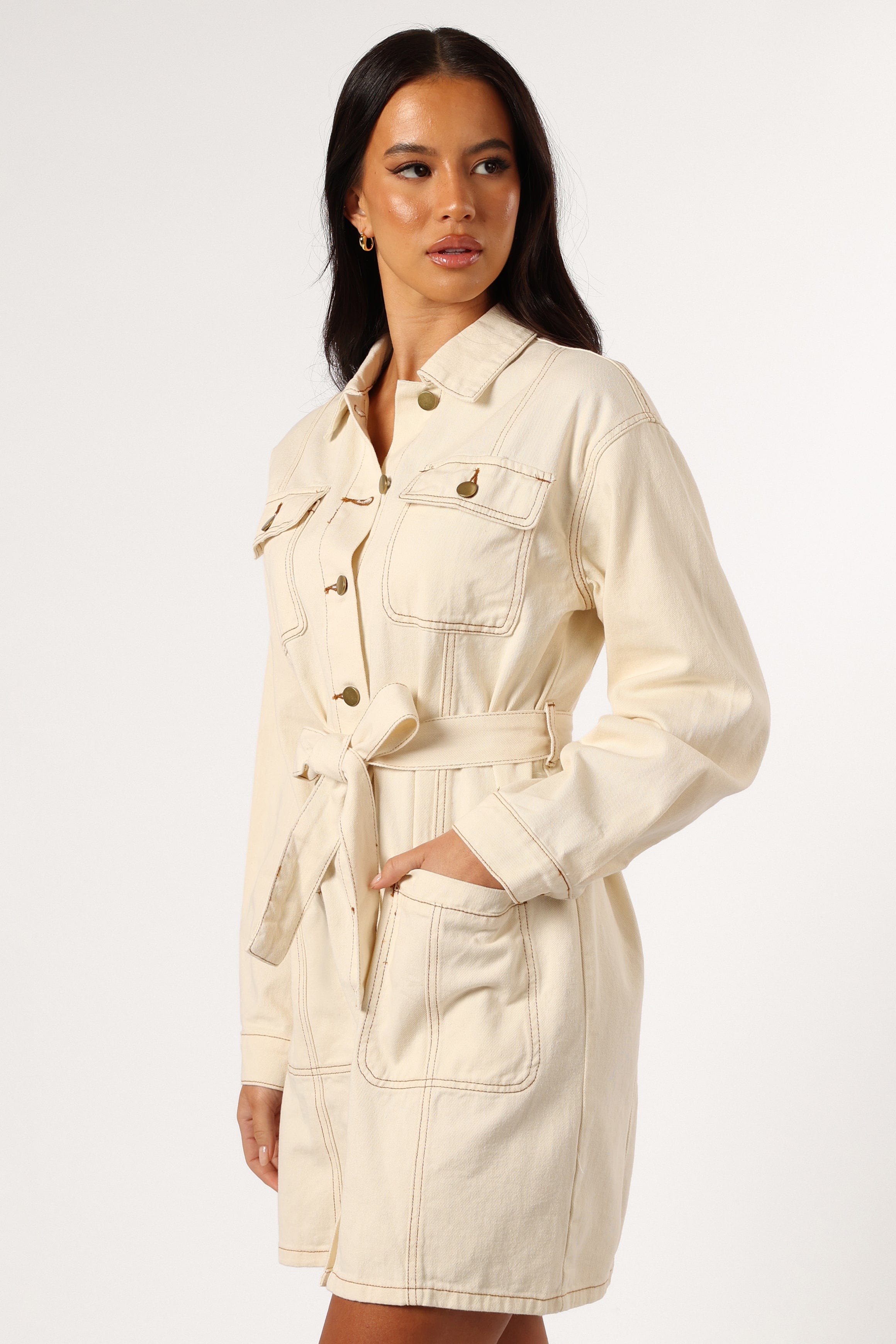 Petal and Pup USA DRESSES Otto Long Sleeve Mini Denim Dress - Sand