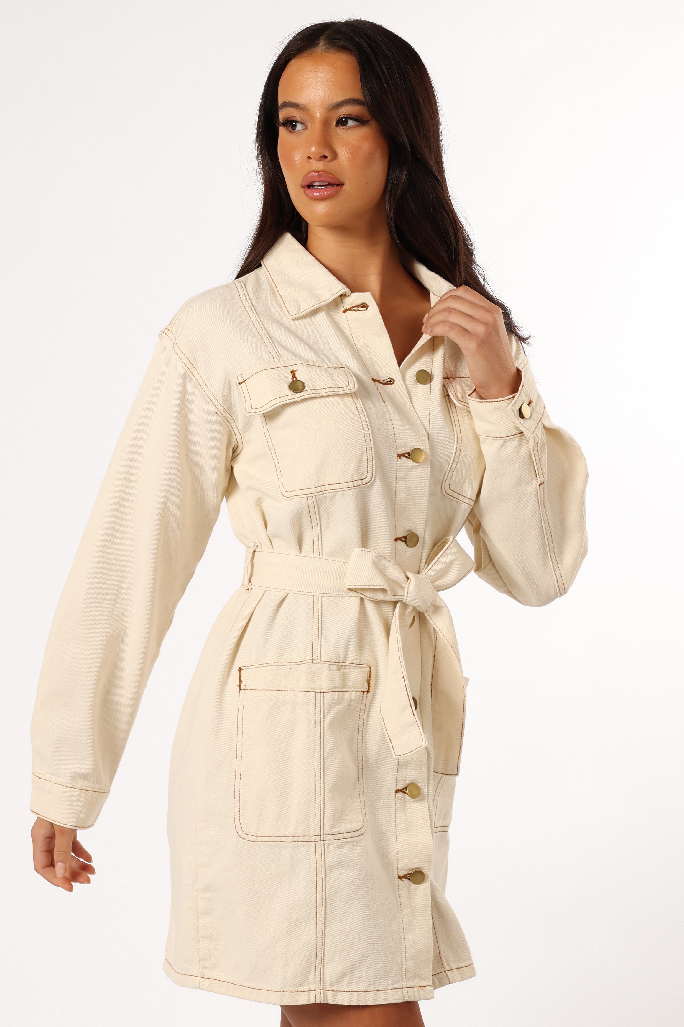 Petal and Pup USA DRESSES Otto Long Sleeve Mini Denim Dress - Sand