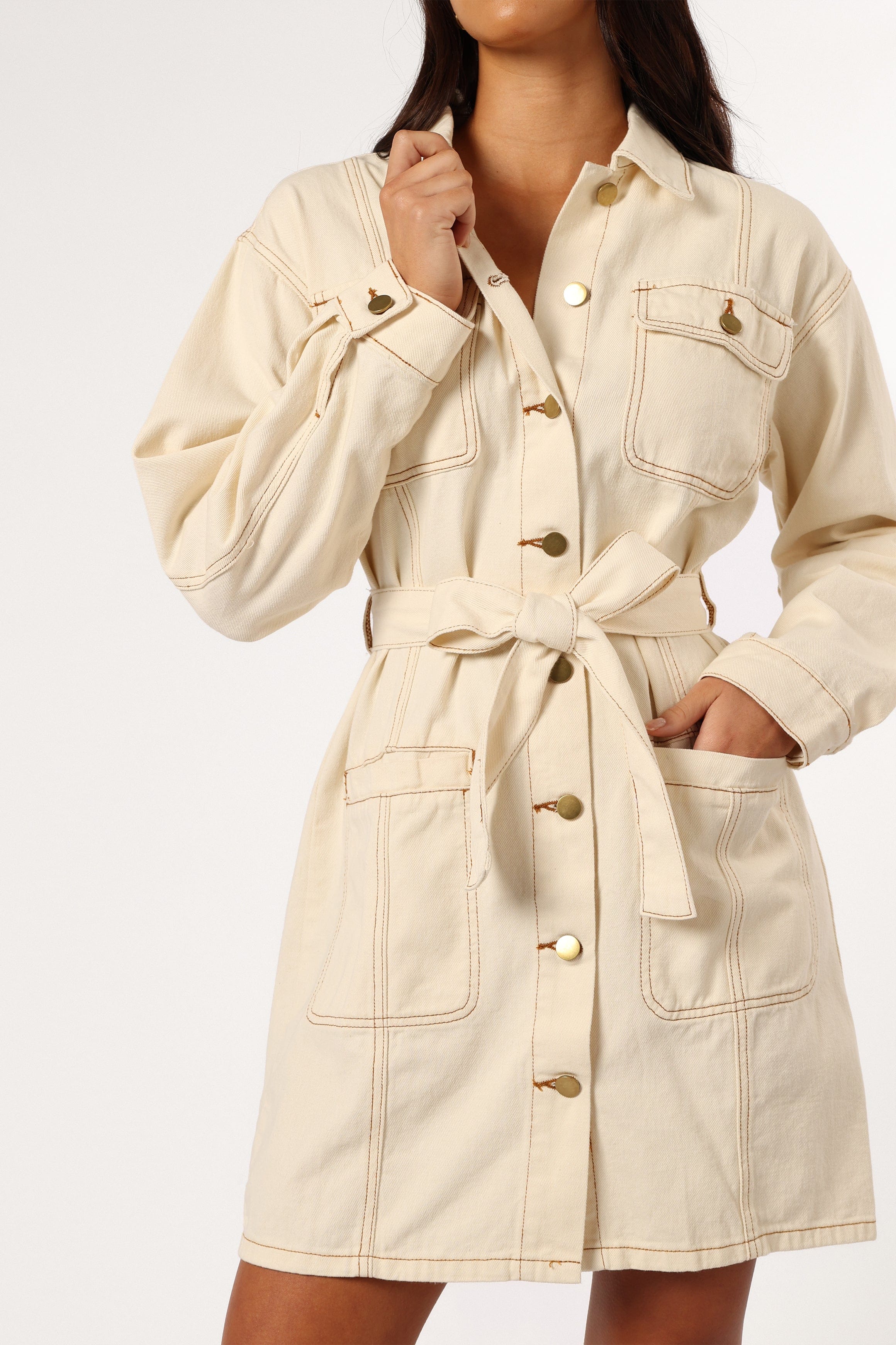 Petal and Pup USA DRESSES Otto Long Sleeve Mini Denim Dress - Sand