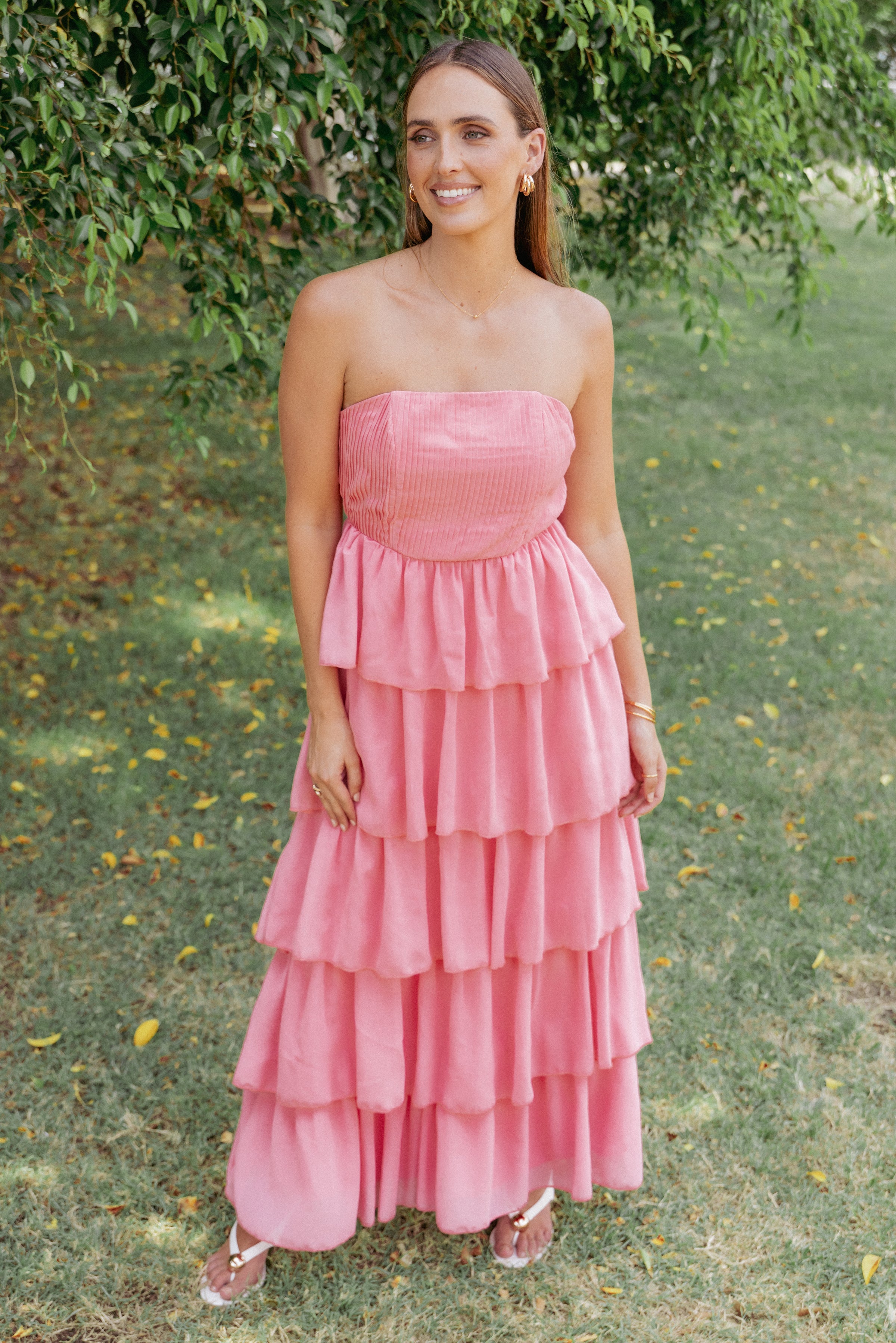 Petal and Pup USA DRESSES Peachester Strapless Maxi Dress - Coral