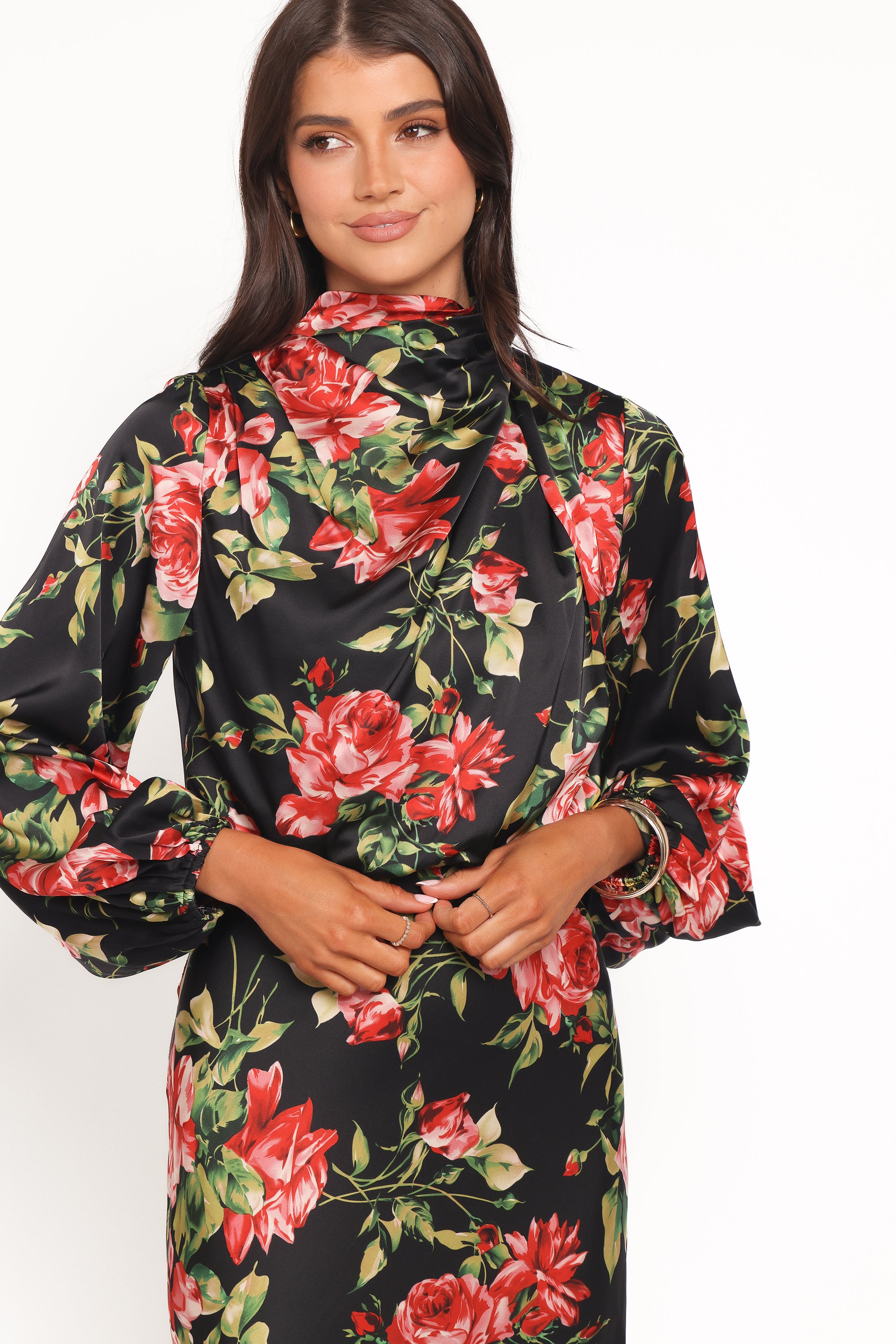 Petal and Pup USA DRESSES Perrie Long Sleeve Midi Dress - Black Floral