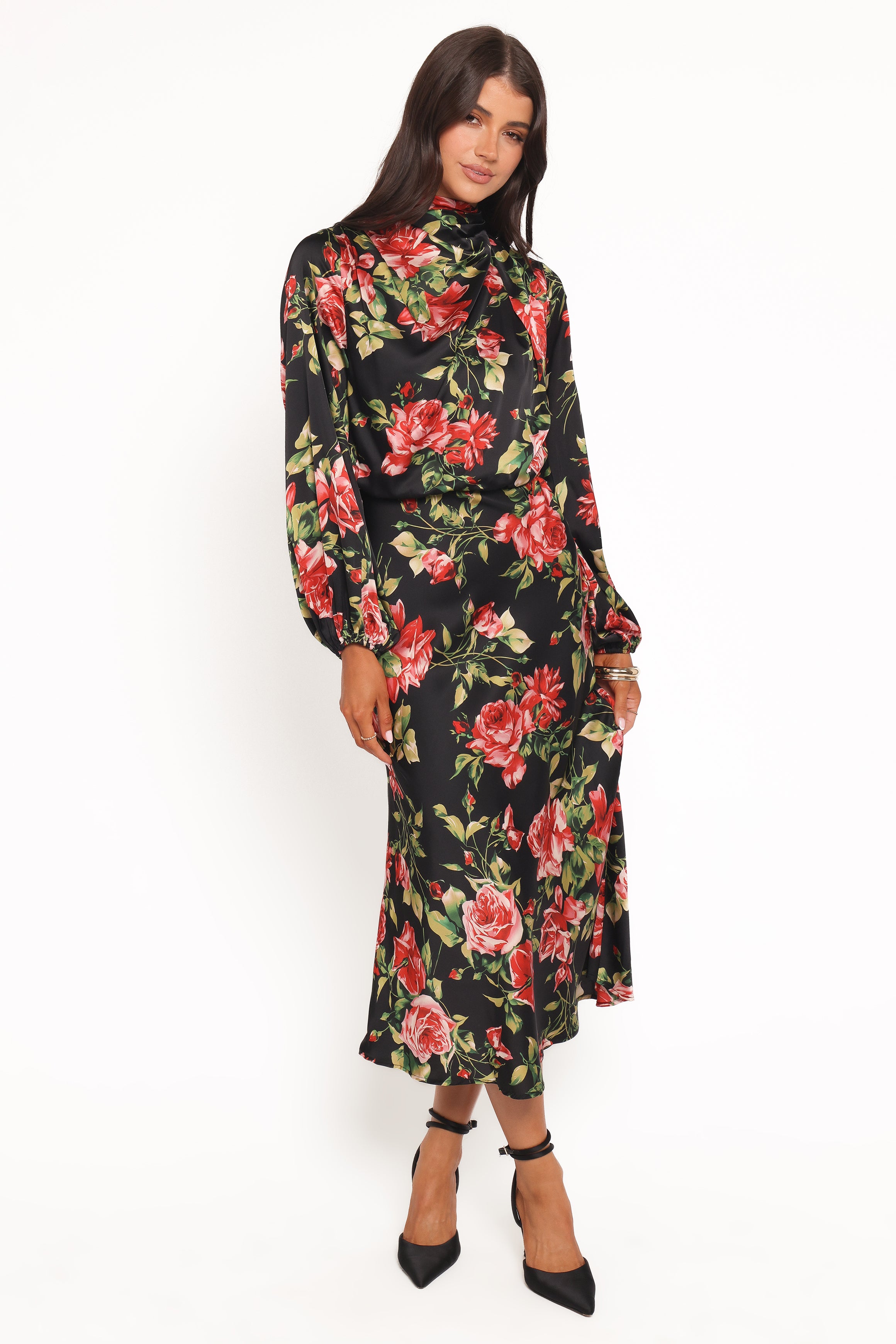 Petal and Pup USA DRESSES Perrie Long Sleeve Midi Dress - Black Floral
