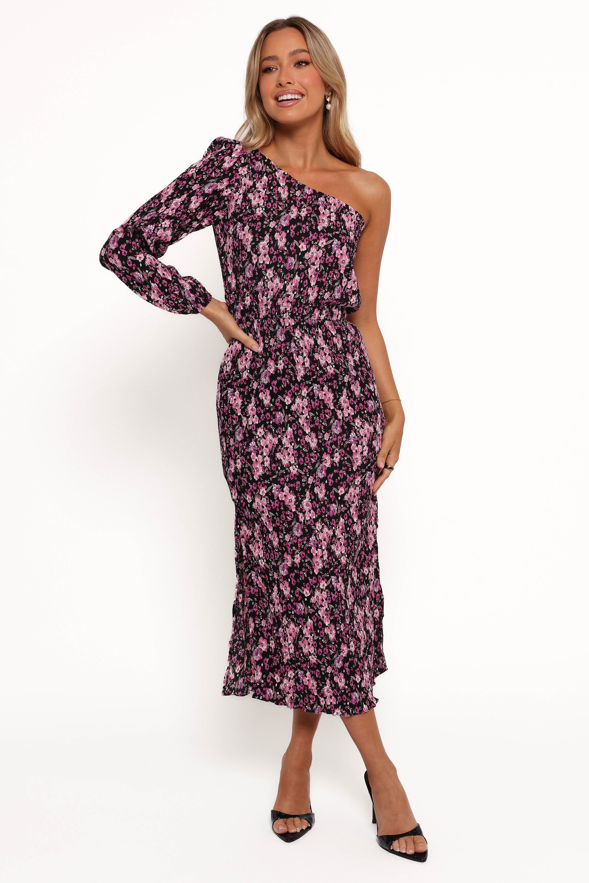 Petal and Pup USA DRESSES Pontee One Shoulder Pleated Midi Dress - Black/Purple