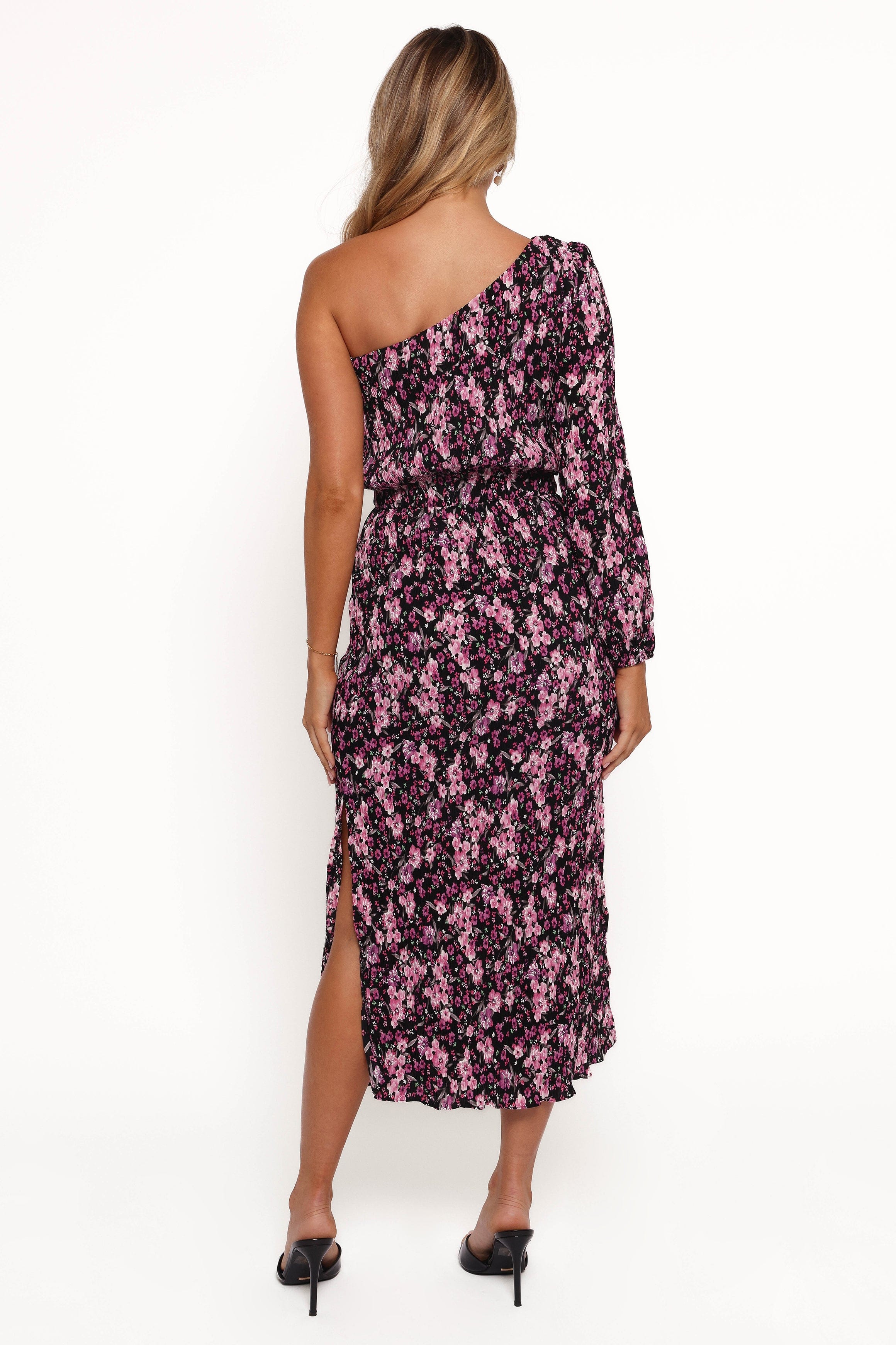Petal and Pup USA DRESSES Pontee One Shoulder Pleated Midi Dress - Black/Purple
