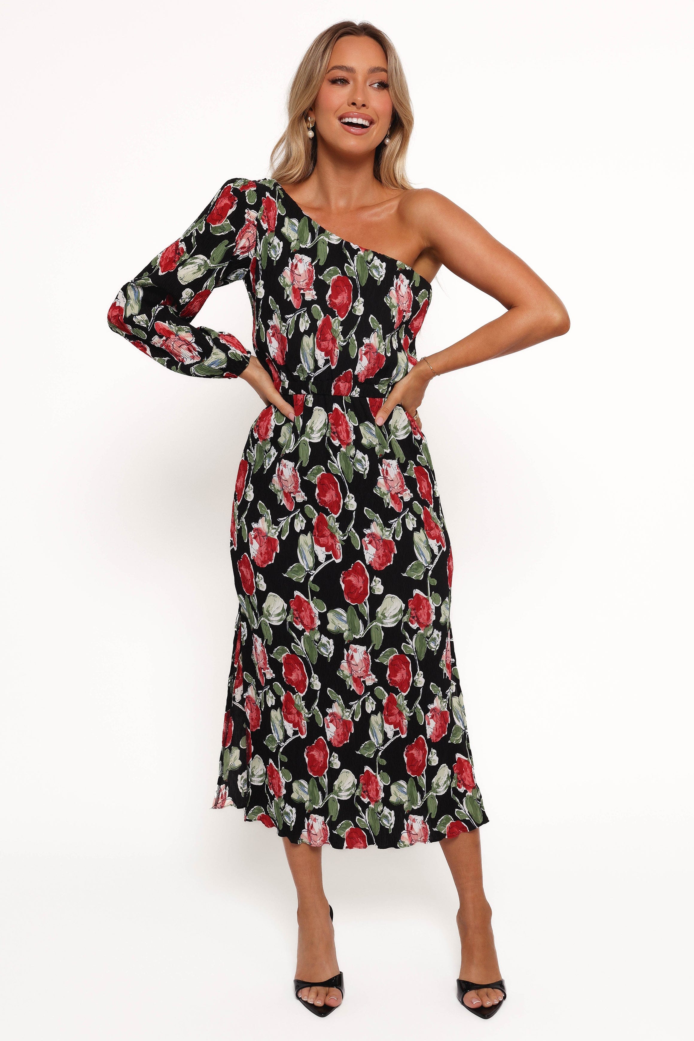 Petal and Pup USA DRESSES Pontee One Shoulder Pleated Midi Dress - Black Rose Print