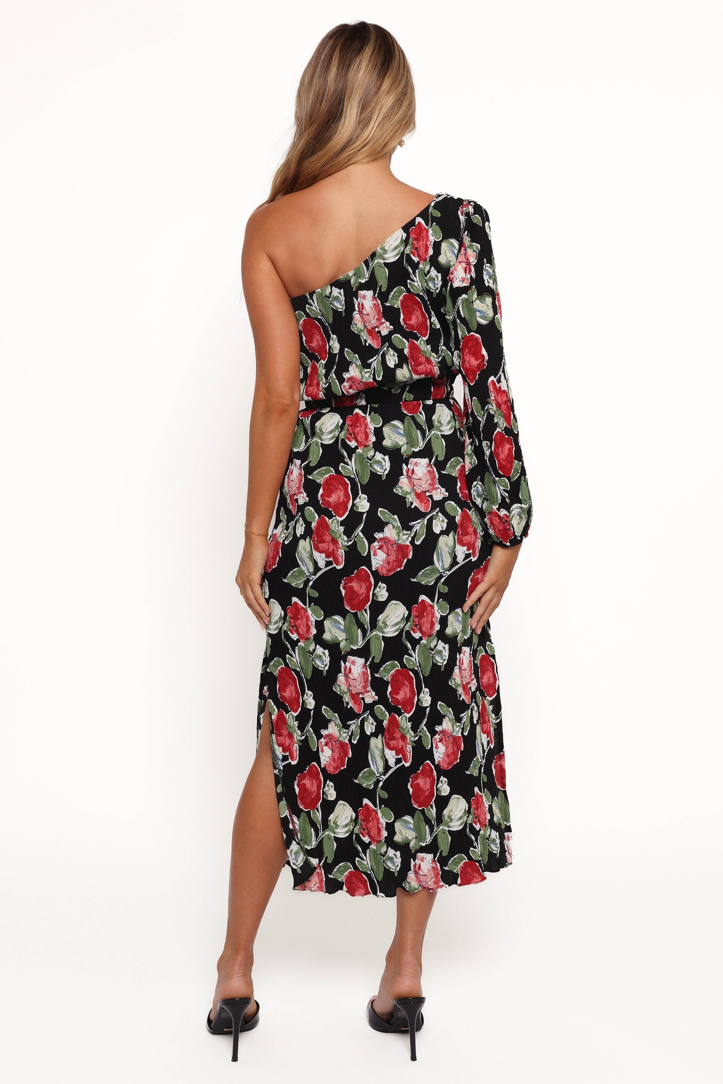 Petal and Pup USA DRESSES Pontee One Shoulder Pleated Midi Dress - Black Rose Print